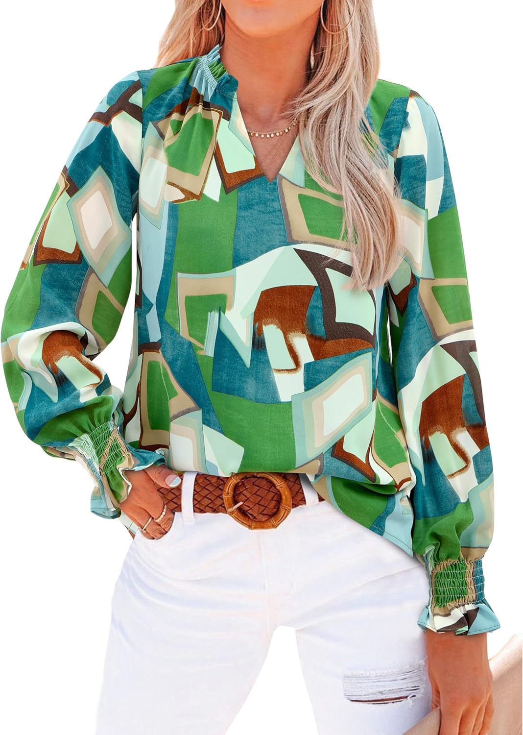 MASCOMODA Womens V Neck Floral Long Sleeve Tops 2026 Summer Casual Loose Puff Sleeve Chiffon Boho Work Blouse Dressy T Shirts