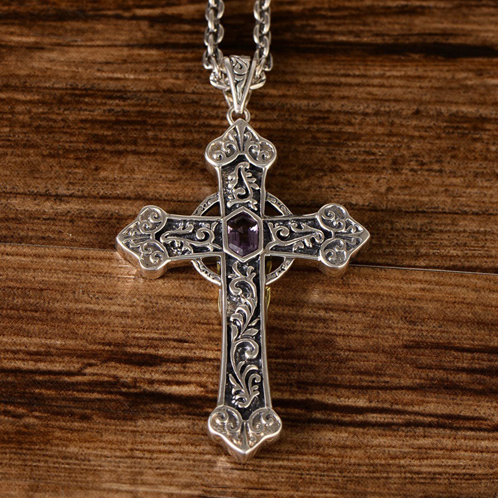 s925 Colgante de Plata de Ley con Cruz de la Virgen maría con Colgante de Plata Amatista