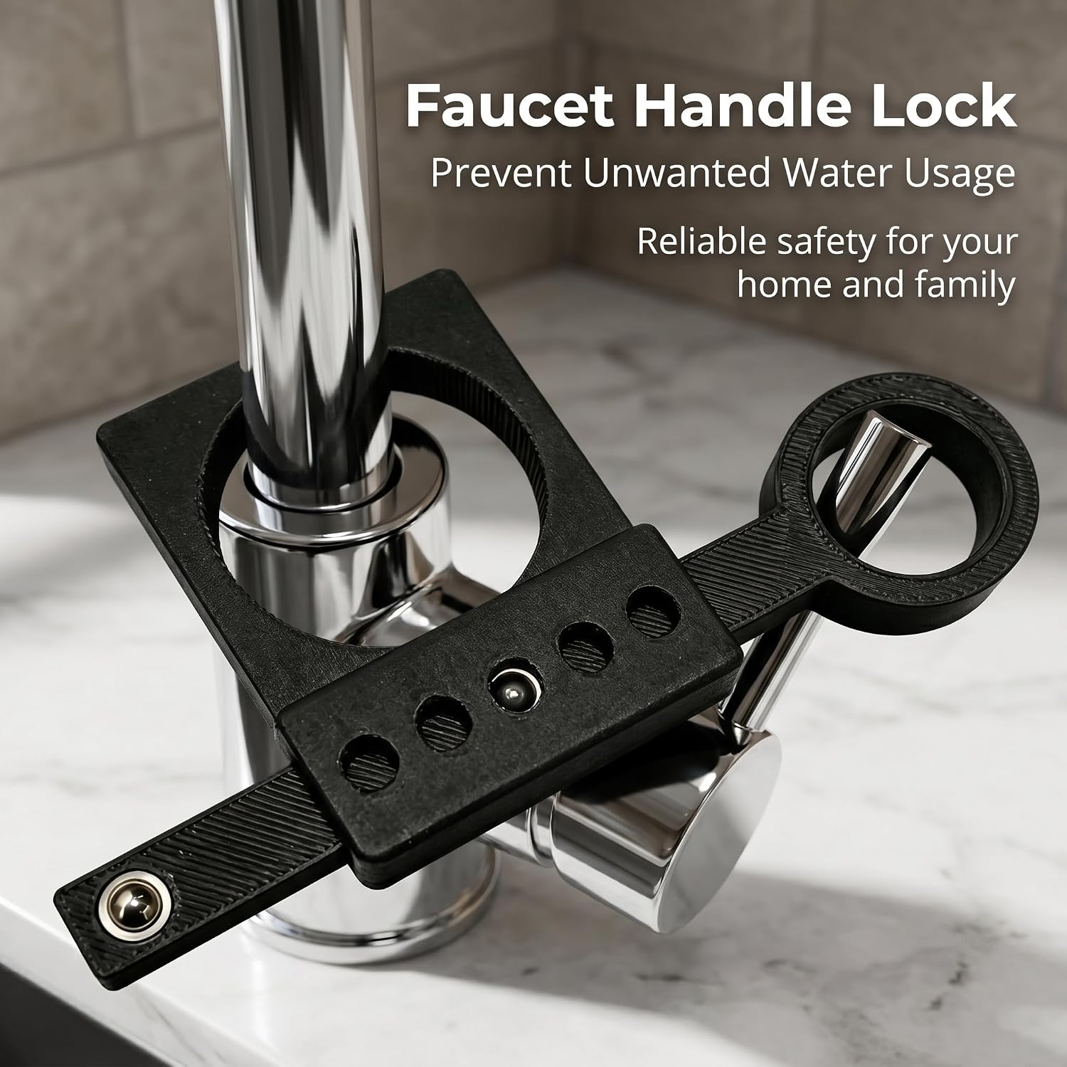 Universal Faucet Handle Lock, Adjustable 9-Level Length, Child & Pet Safety Water Restraint Guard for Kitchen Bathroom Sink, Anti-Flood Handle Protector (Black)