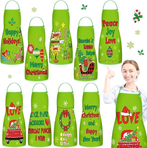 JenPen 9 delantales de Navidad a granel de cocina de vacaciones con correa ajustable para el cuello para adultos Navidad fiesta de invierno