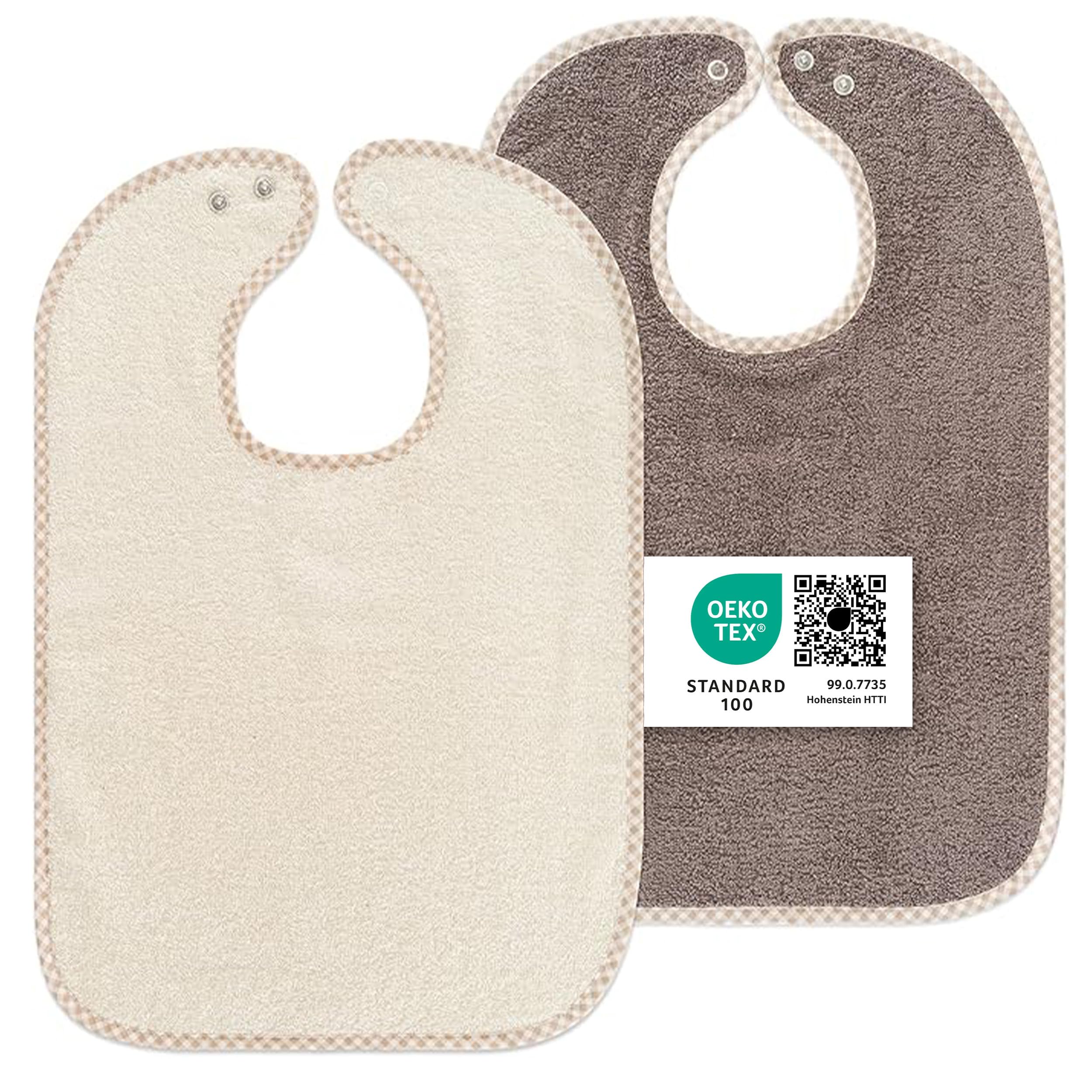 Wörner Baby Lätzchen 2er Set - 2x Kinderlätzchen mit Druckknopf / 100% Baumwolle, OEKO-TEX® Standard 100, größenverstellbar, sehr saugfähig - Braun Beige