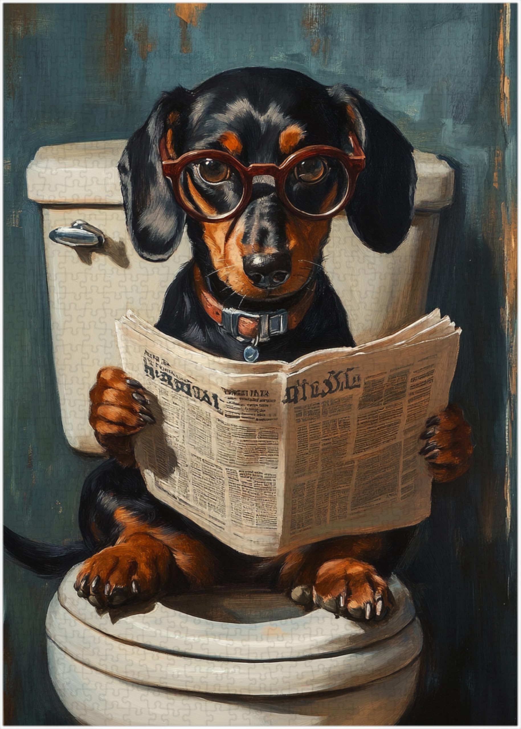 Dachshund on Toilet Jigsaw Puzzle 1000 Pieces for Adults - Quirky Dog Reading Newspaper with Glasses - 1000pc Dog Bathroom Decor Puzzles (50x70cm / 19.685"x27.559")