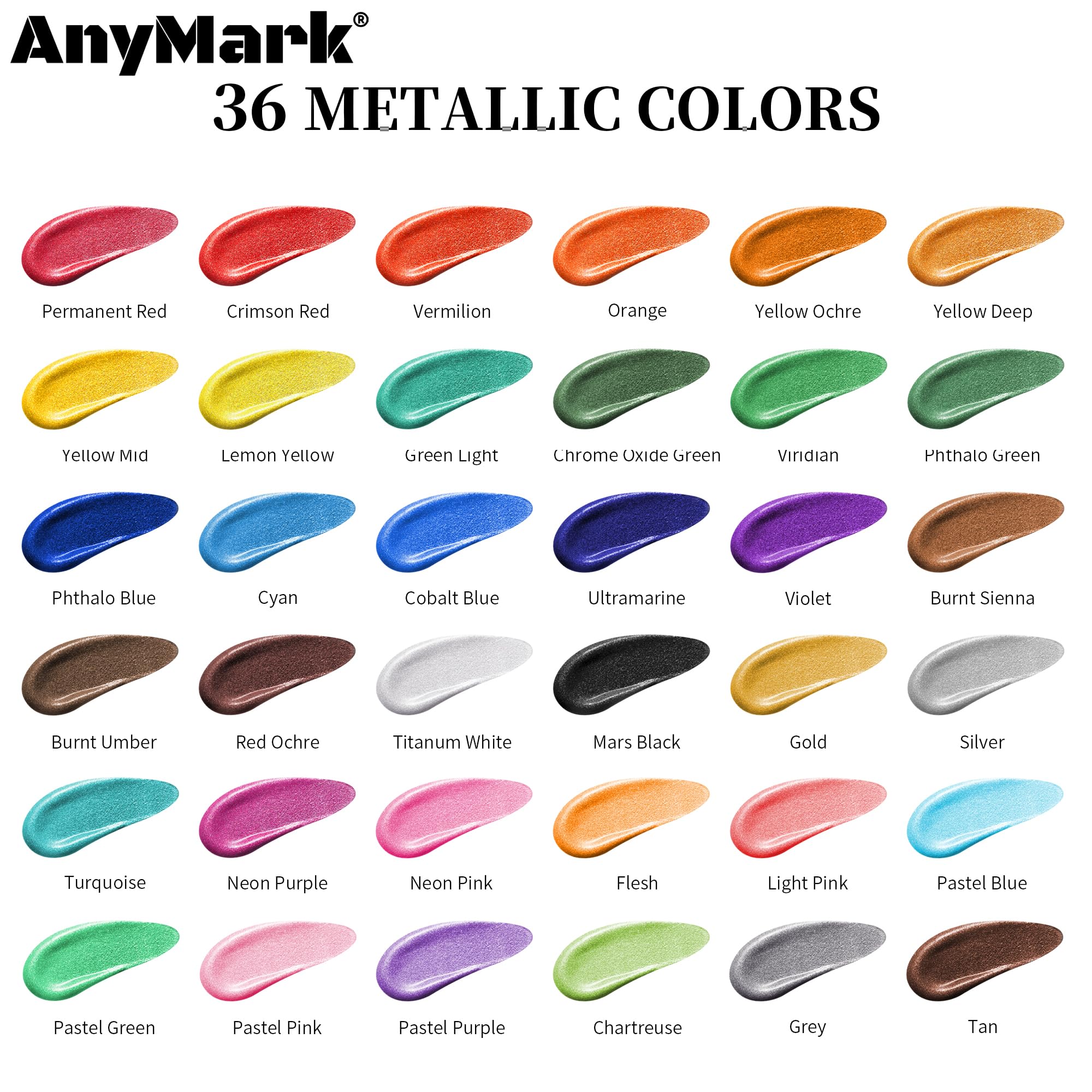 AnyMark Peinture Acrylique Métallique, 36 Couleurs avec 12 Pinceaux