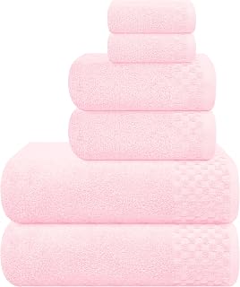 MyOwn Premium Cotton 6 Pack Towel Set for Bathroom, Contains 2 Bath Towels 28x55 inch, 2 Hand Towels 16x24 inch & 2 Wash Coths 12x12 inch, Ideal Everyday use, Compact & Lightweight - Pink