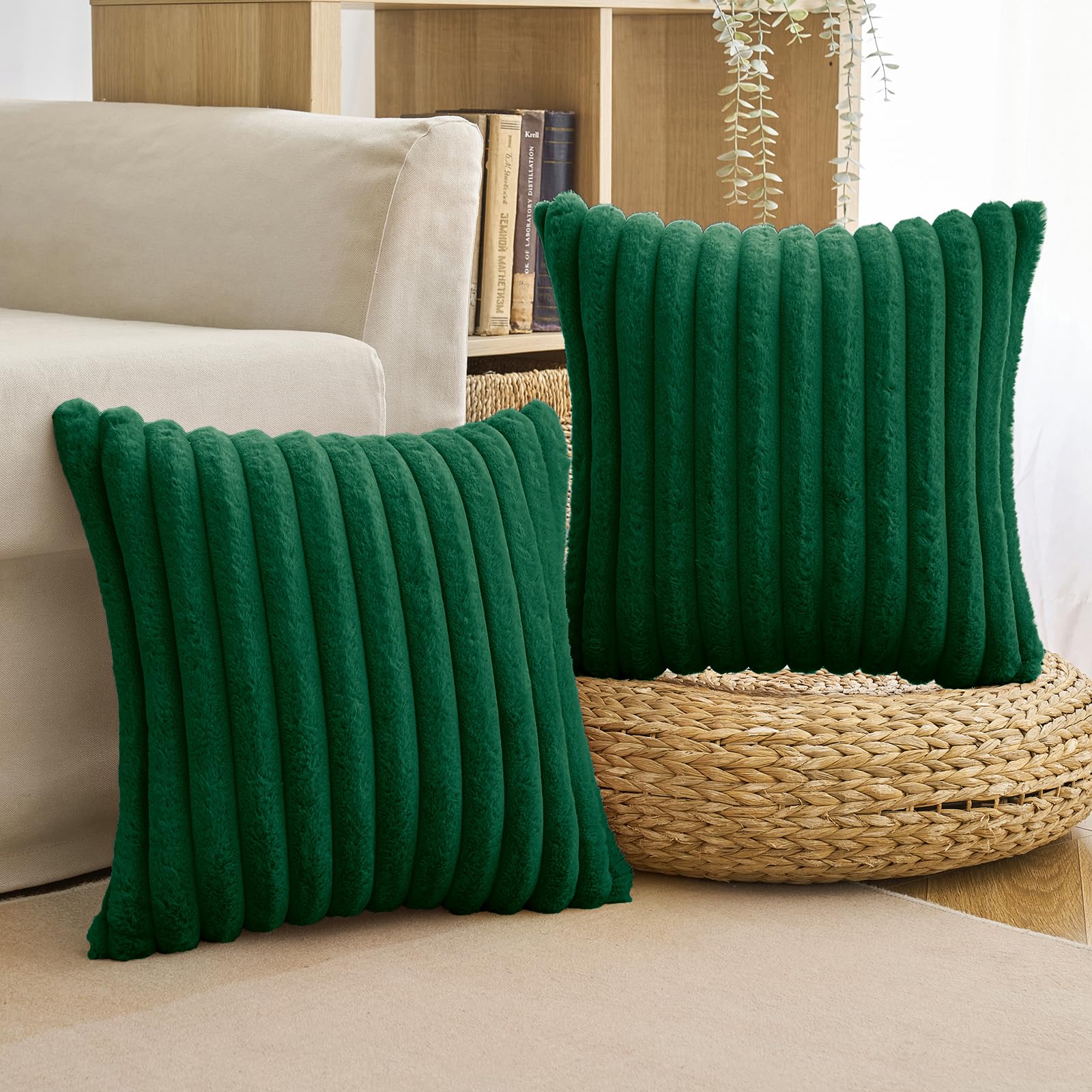 MIULEE Pack of 2 Soft Plush Faux Fur Throw Pillow Covers Modern Decorative Pillowcases for Sofa Couch Smooth Zipper Washable Decorative Pillowcases for Living Room Bedroom Sofa 20x20 Inches Green - Image 4