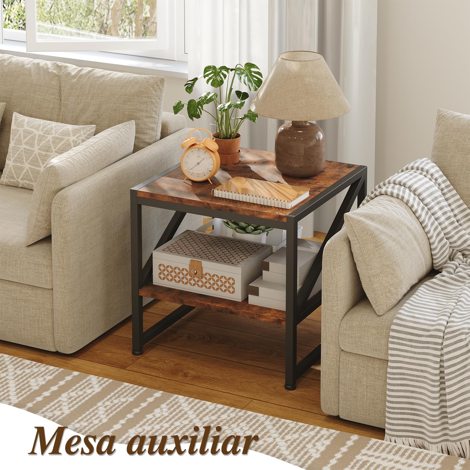 Beistelltisch Wohnzimmer 50x50 cm, Couchtisch mit 2 Ebenen bis 90 kg belastbar, Industrie-Design Sofatisch mit Metallgestell, Vielseitiger Mini Kühlschrank Ständer Aquariumständer Druckertisch, Braun