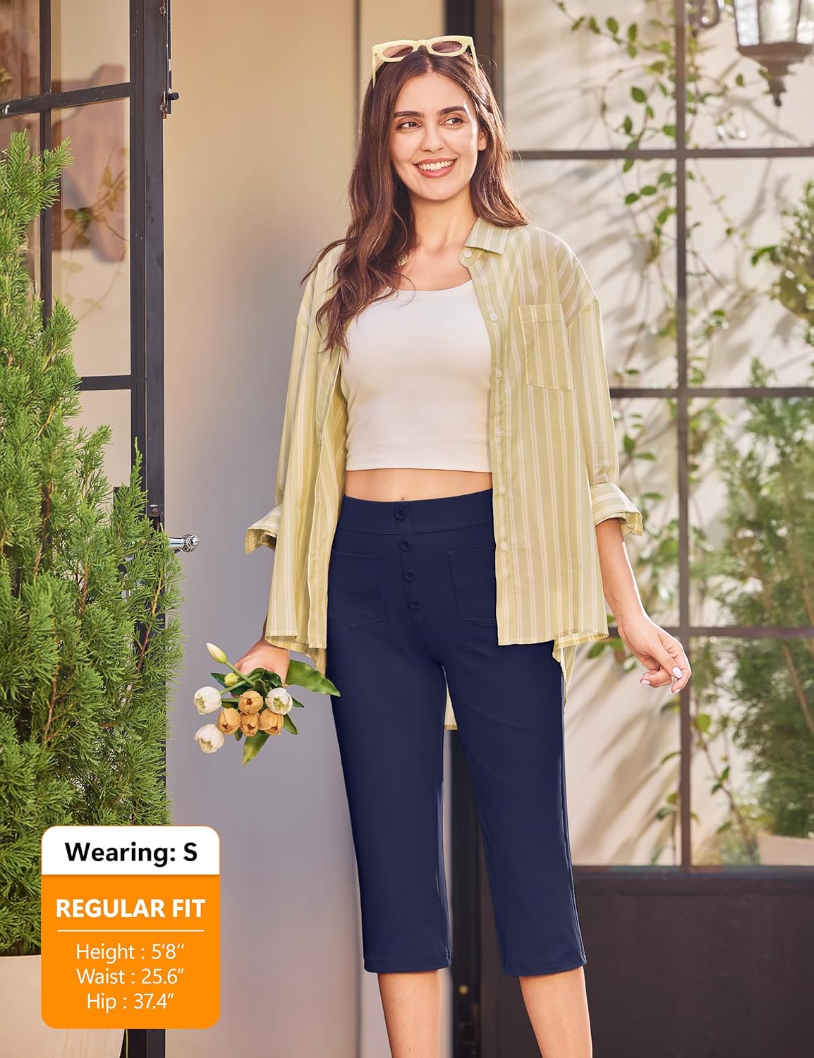 18'' Capri Pants for Women Dressy Slim Fit Stretch Pull On Women’s Capris with Pockets Petite Summer Work Casual - Image 2
