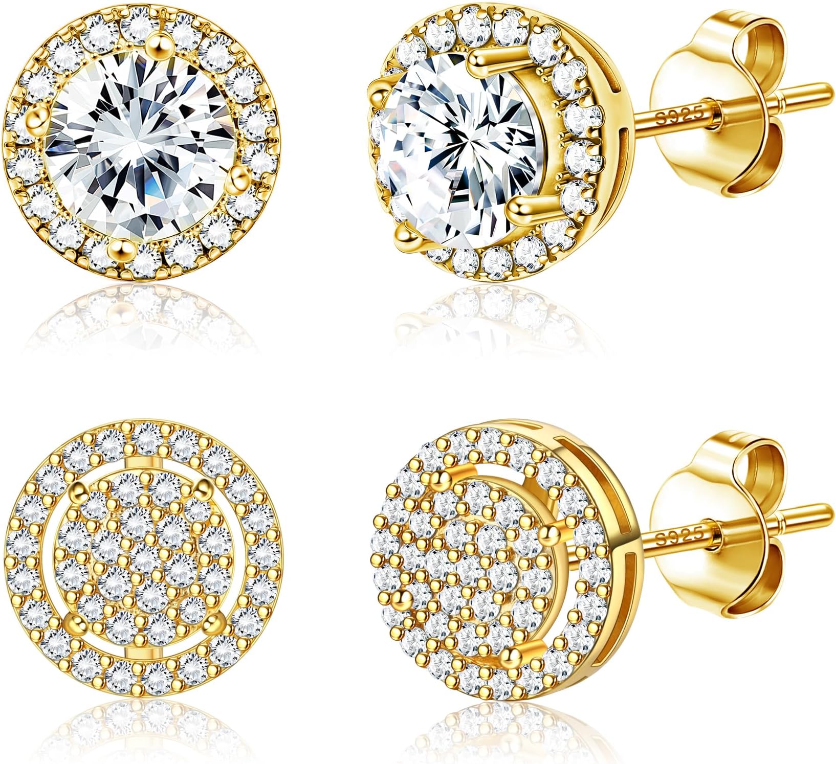 Cubic Zirconia Stud Earrings for Men Women, 14K Gold Plated Hypoallergenic 925 Sterling Silver Post Earrings Set, Iced Out Round & Square CZ Studs, Halo Earrings