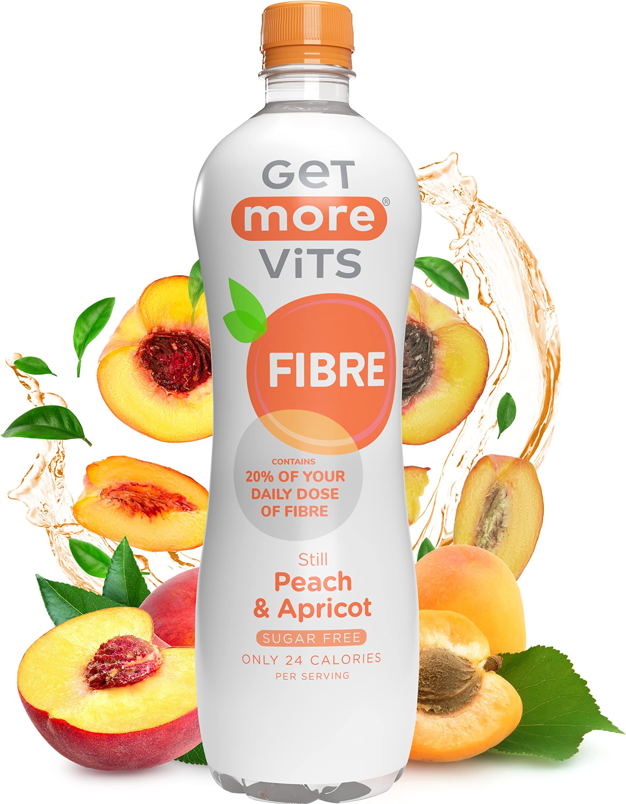 Get More Vits - Fibre Still Peach & Apricot Flavoured Spring Water (12 x 500ml), Boosts Overall Gut Health & Digestion, Feel Fuller for Longer, Sugar-Free, Low Calorie, Vegetarian, Vegan