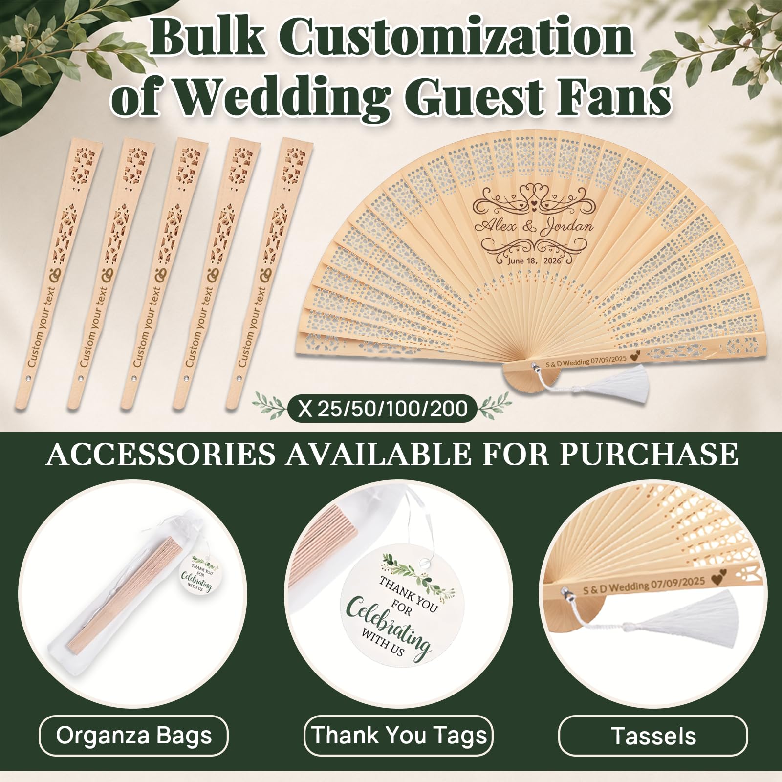 Personalisierte Holzfächer für Hochzeitsgäste – 100 Stück mit Namensgravur (100) | Gravur mit Namen/Datum/Logo | Holzklappfächer | Inkl. Organza-Beutel | Gastgeschenk Hochzeit