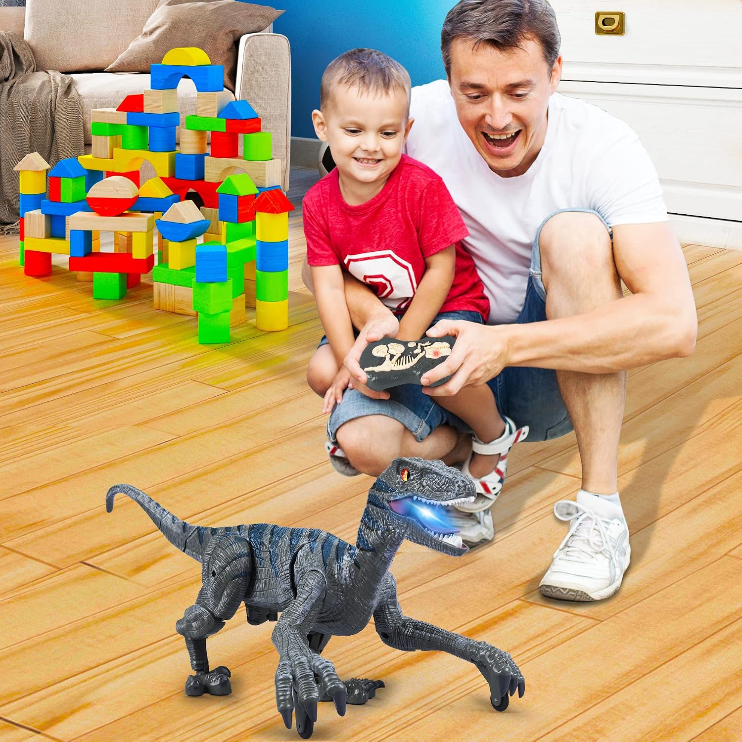 XFBB Remote Control Dinosaur Toy for Kids,2.4G Electronic Educational Simulation Velociraptor with 3D Eye Shaking Head,LED Light Up &Roaring Sounds,Dinosaur Toys for 4 5 6 7 8-12 Year Old Boys Girls