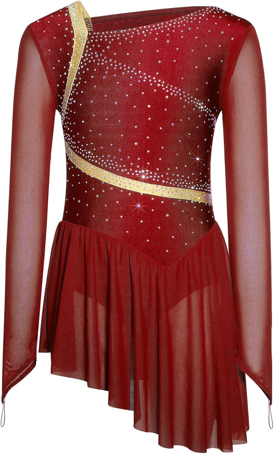 JanJean Girls Sequin Figure Skating Dress Long Sleeve Asymmetrical Cutout Back Lyrical Contemporary Dance Dress