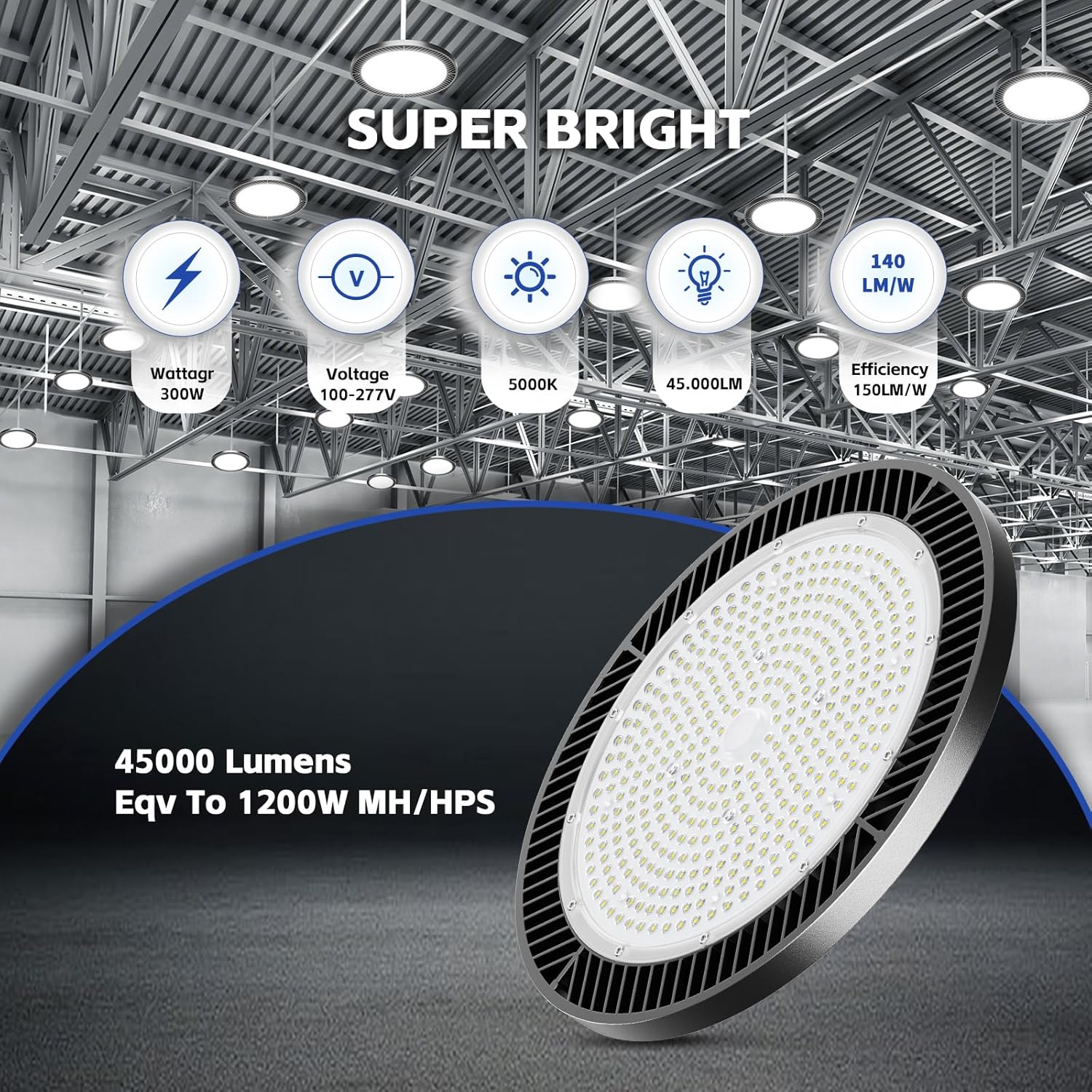 6 Packs 300W High Bay Shop Lights - UFO Led high Bay Lights, 42000LM 5000K Daylight, Waterproof Led Shop Light for Garage, Warehouse, Barn, Factory, Super Bright Commercial Bay Lighting
