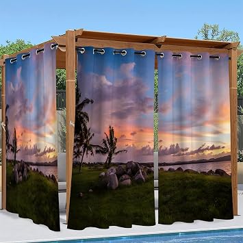 Green Lawn Outdoor Curtains for Patio Waterproof, Coconut Trees, Blackout Outside Curtains for Porch Gazebo Pergola Garden Cabana, 2 Panels W54 x L74 Inch, Privacy Light Blocking Drapes - B36