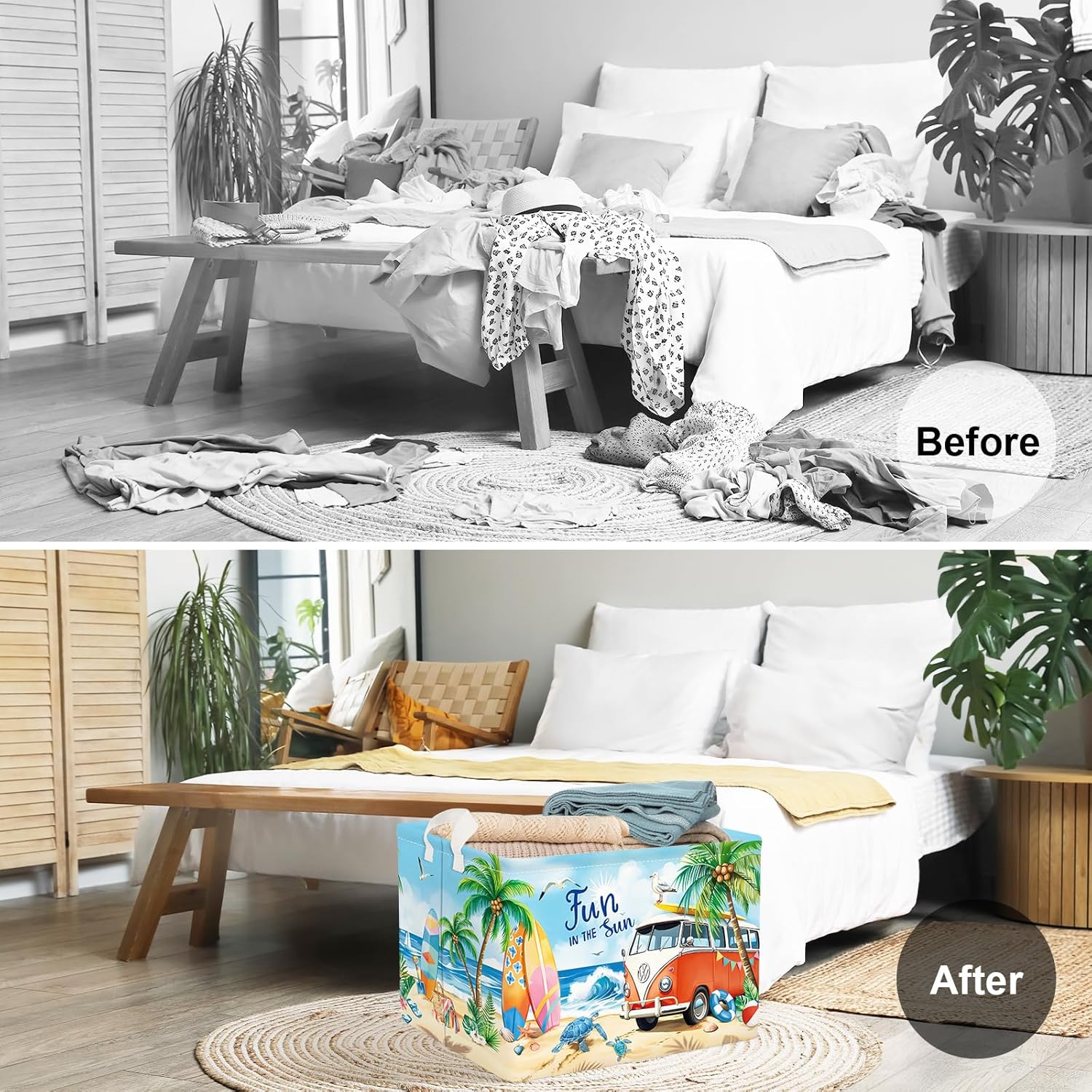 Clastyle Blue Beach Camping Picnic Basket Tropical Tree Caravans Shower Gift Storage Basket Outdoor Pool Seaside Towel Blanket Clothes Toy Bin, Surfing, 40x30x30 cm