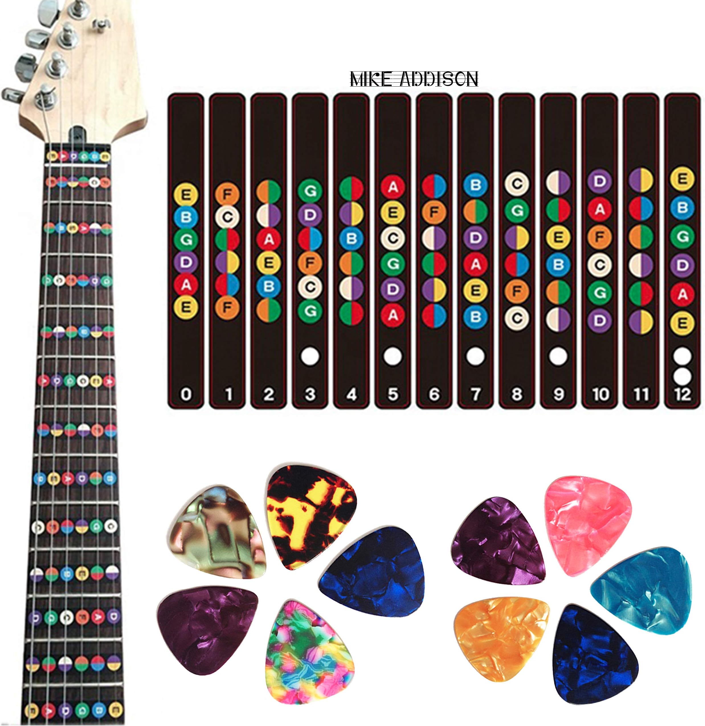 Guitar Fretboard Stickers, Learn Guitar Tabs, for Beginners Guitar Note Decals Sticker Tool + 10 Guitar Picks (Electric & Acoustic Guitars)