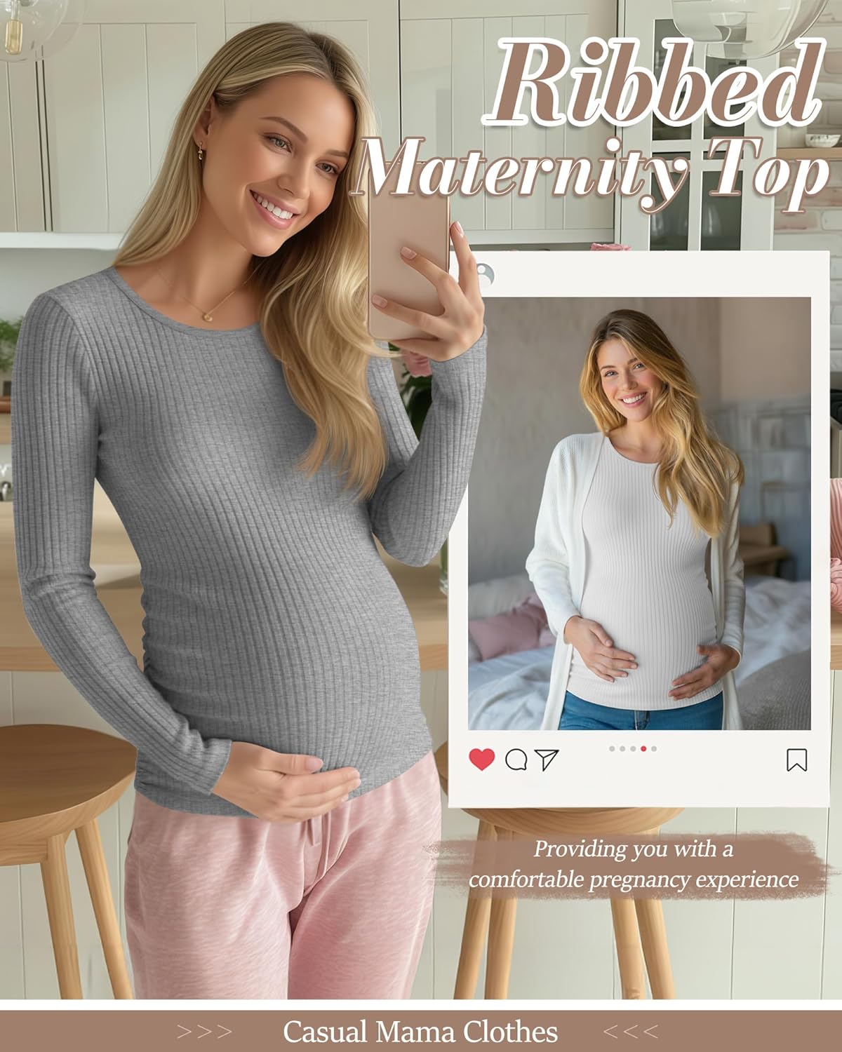 Huukeay 4 Pack Women's Maternity Shirts, Long Sleeve Cotton Ribbed Pregnancy Tops Side Ruched Crew Neck Casual Mama Clothes - Image 4