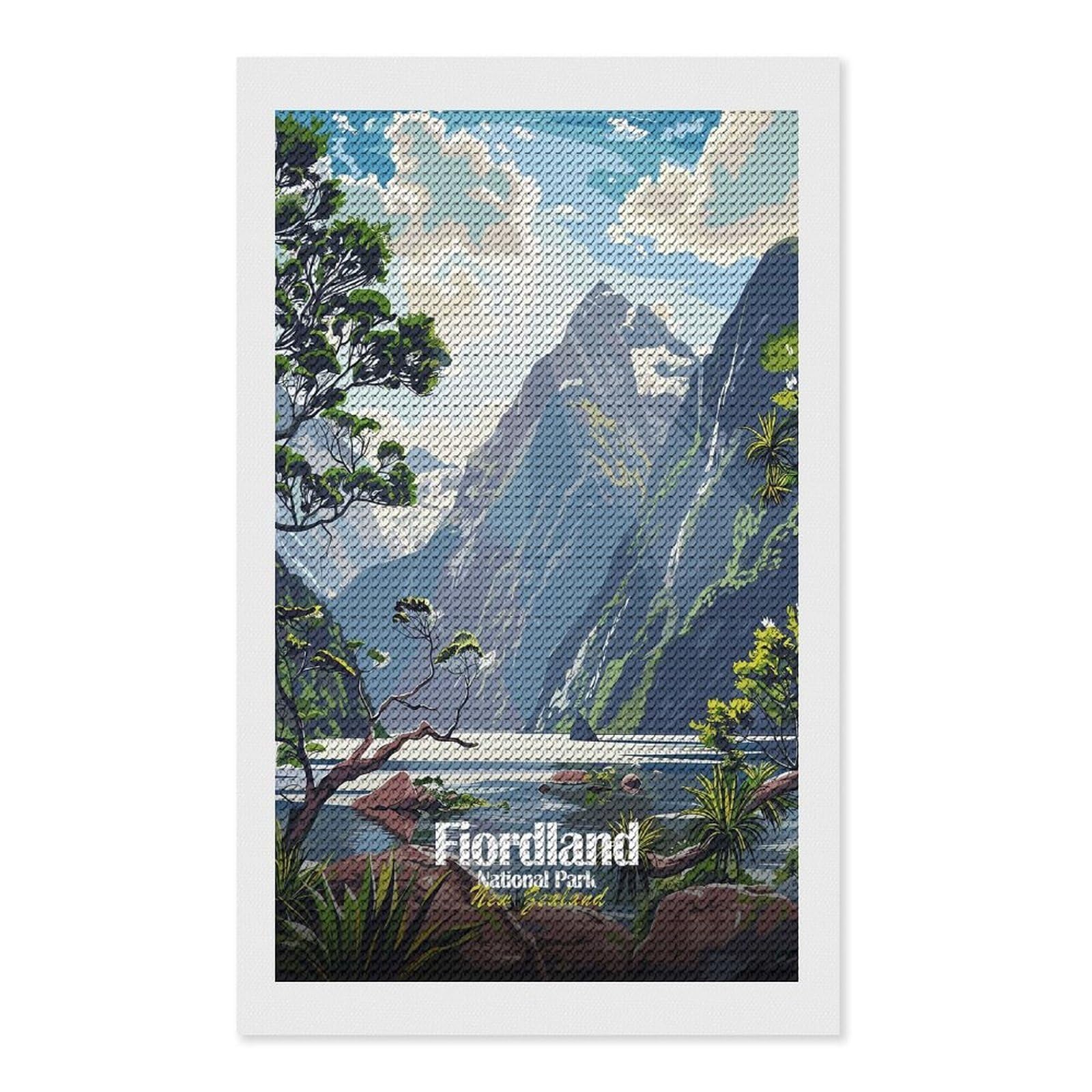 Junmoney Fiordland National Park New Zealand DIY Diamond Art Canvas Kit 12"x20", for Teens, Finish and Display, Holiday Gift Idea, Vintage Style Decor