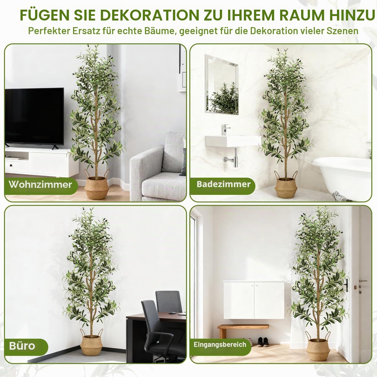 NZQXJXZ Olivenbaum Künstlich 180 cm mit Lichtern, Künstlicher Olivenbaum | mit Übertopf & Korb, Kunstpflanze Groß mit Naturholzstamm und realistischen Früchten für Wohnzimmer Büro Deko