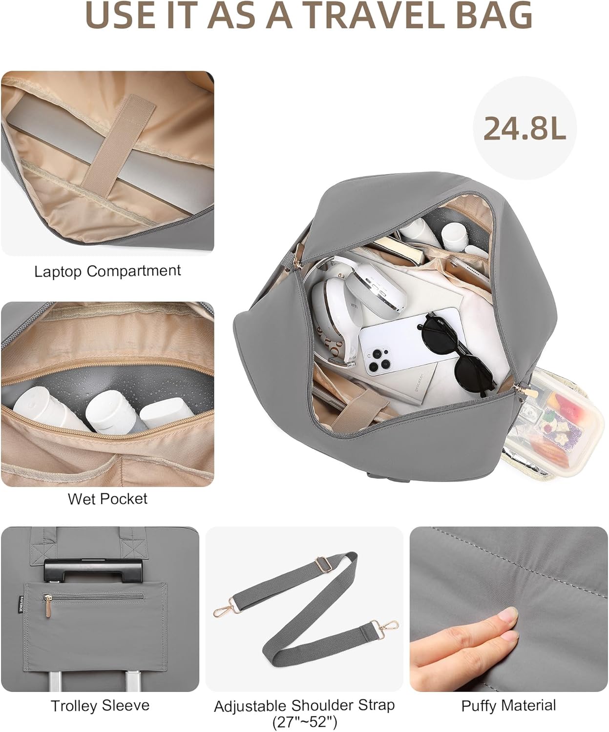 Lunch Tote Bag for Women Work, 17.3 Inch Laptop Purse with Insulated Lunch Compartment Coin Wallet for Meal, Large Puffy Quilted Travel Duffle Bag - Image 6