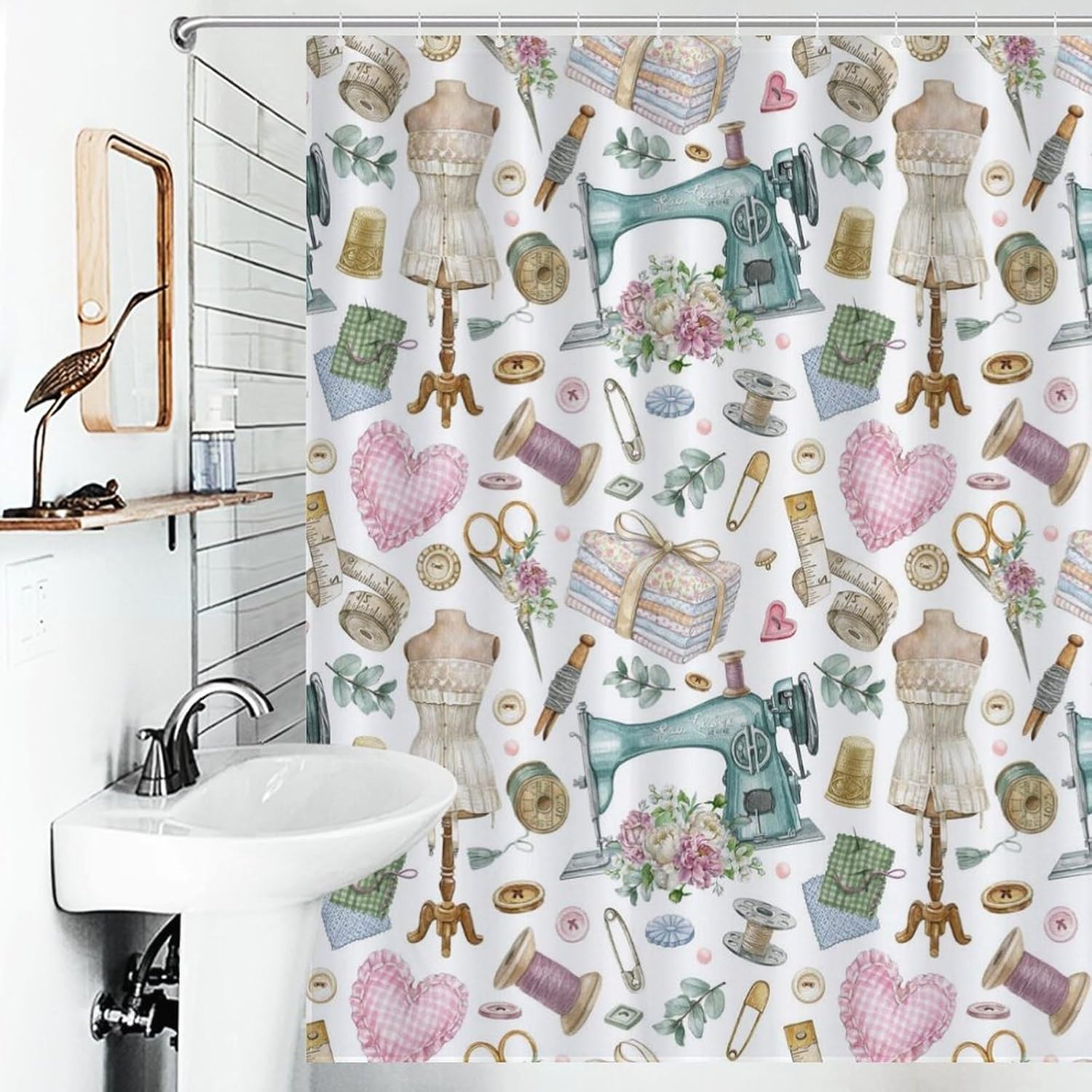 Sewing Theme Shower Curtain,Vintage Sewing Machine Tool Watercolor Pattern Print Bathroom Bathtubs Curtains Cloth Fabric Home Decor with Hooks Set,66x72Inch