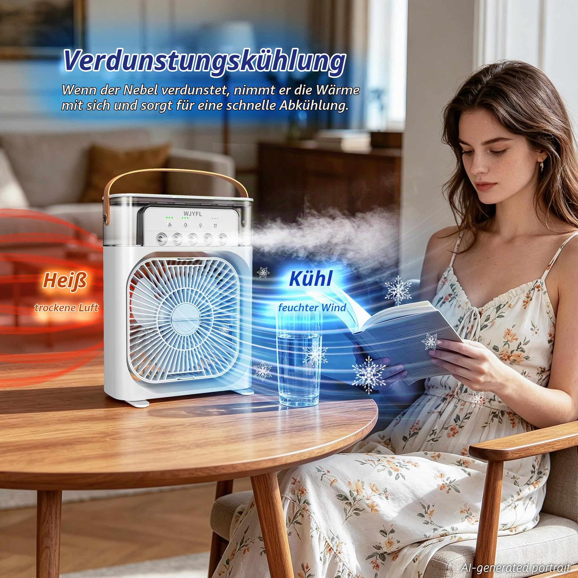 Mini Luftkühler mit 5 Sprühdüsen, 3 Sprühstufen und 600-ml-Wassertank | USB-betriebener Tischventilator mit 3 Windstufen, 1/2/3-Std.-Timer und 7-Farben-LED-Effekt für Büro und Schreibtisch