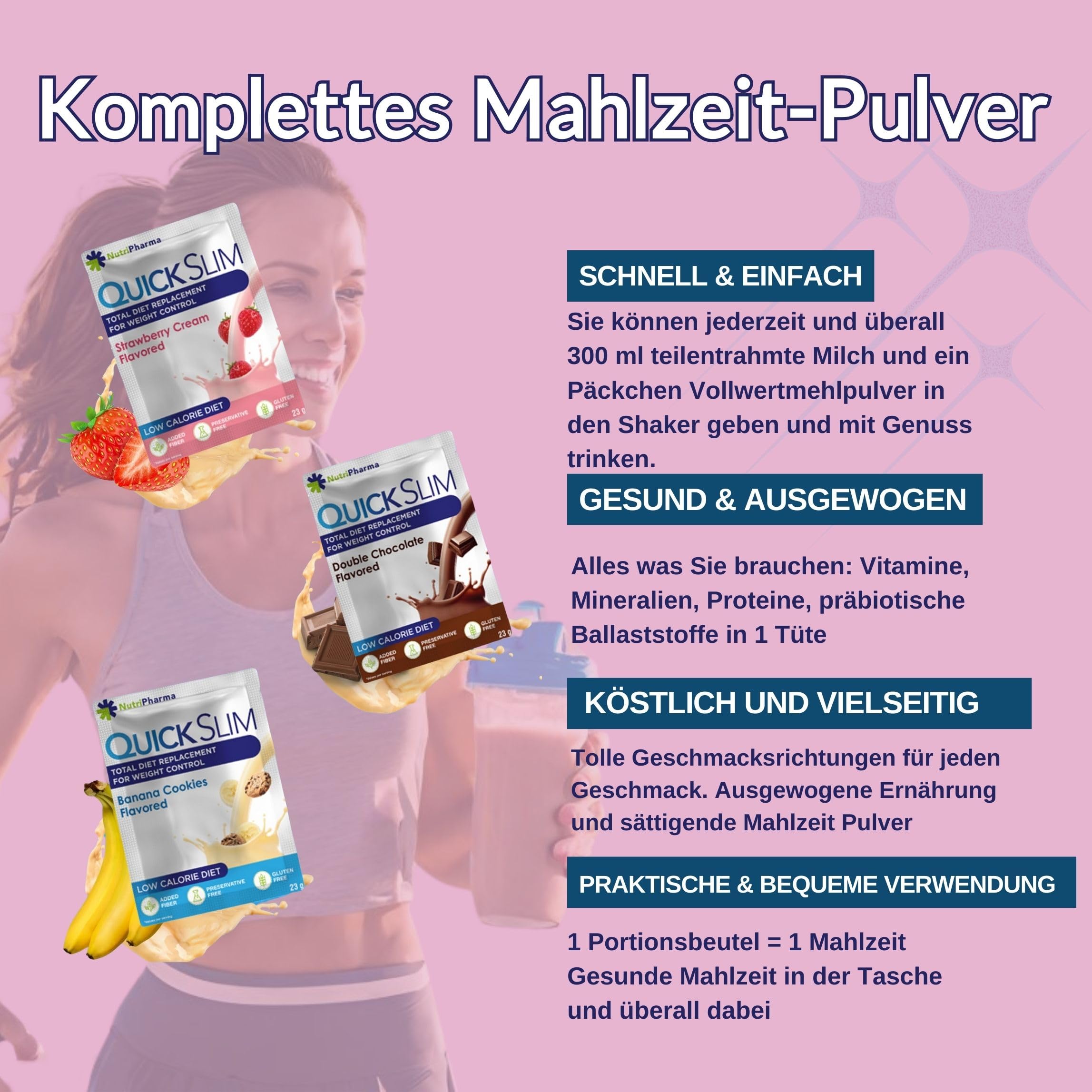 Quick Slim Mahlzeitenersatz Shake zum Abnehmen, 30 Portionen, 20g Protein, 27 Vitamine & Mineralien, Ballaststoffe, Low Carb, Glutenfrei (Abwechslungsreiches Paket)