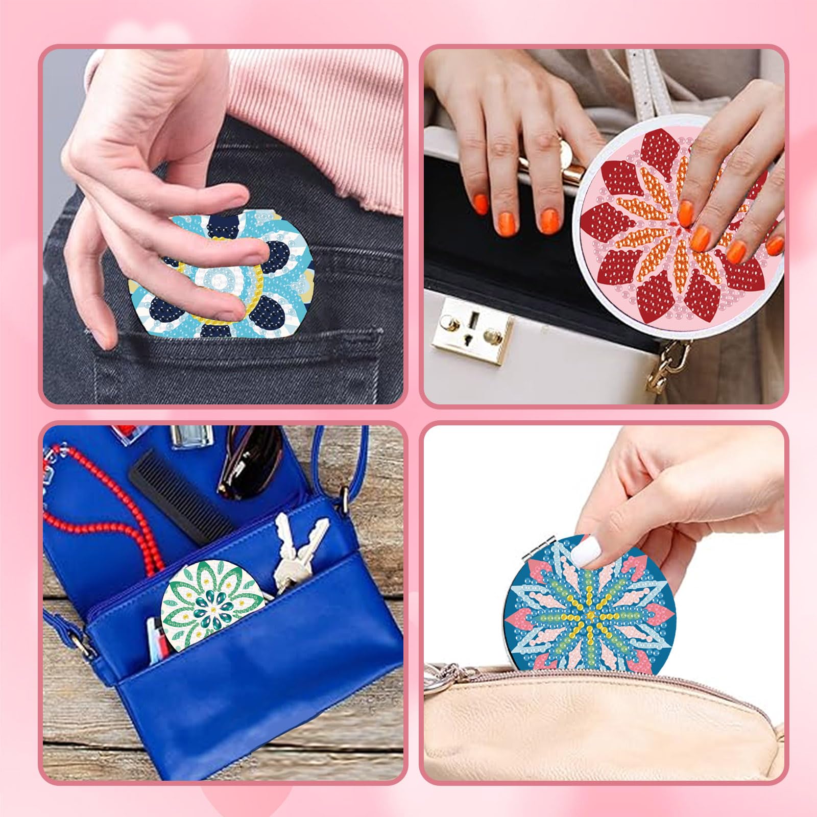 INFUNLY 6 Stück Diamant-Malerei-Taschenspiegel DIY-Diamant-Malen-Nach-Zahlen-Set Mandala-Blumen-Taschenspiegel Diamant-Malerei-Abdeckung Tragbarer Make-Up-Spiegel Vergrößerungs-Klappspiegel Für Damen