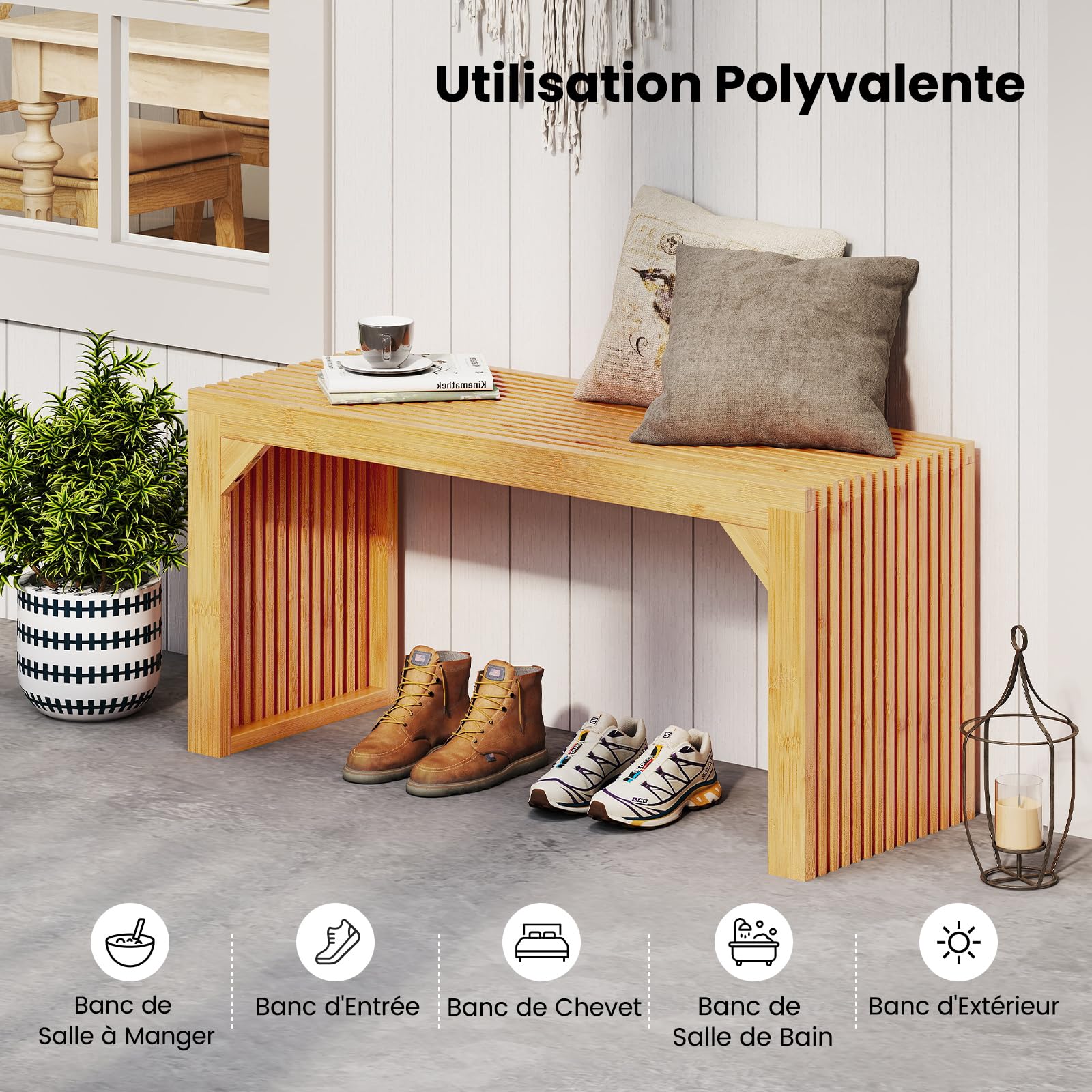 COSTWAY Banc Bout de Lit 90 cm, Banquette Lit en Bambou, Plateau à Lattes, Structure Triangulaire, Banc pour Chambre Salon Entrée Cuisine, Charge 300 kg, 90 x 33 x 43 cm