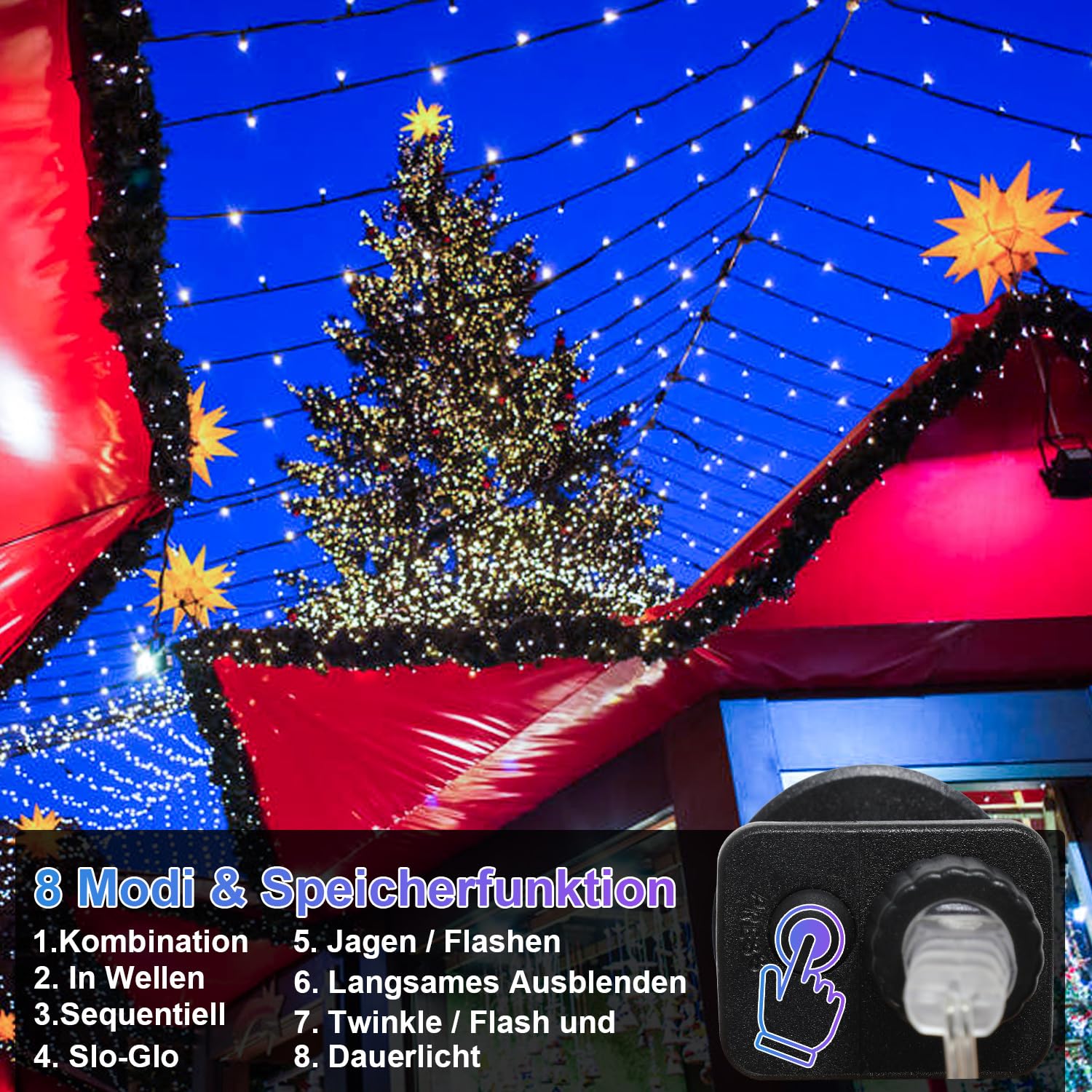 Fiqops LED Lichterkette Außen 200M 1000LEDs 8 Modi, Lichterketten IP44 wasserdicht mit Memory Funktion für Party Hochzeit Garten Balkon Weihnachten, Kaltes Weiß, Dunkelgrüner Draht