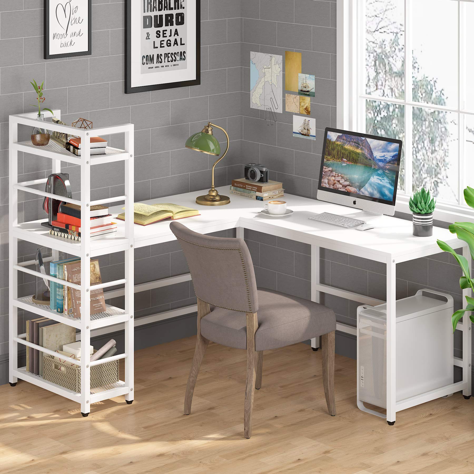 Tribesigns 59 Inch L Shaped Desk with Storage Bookshelf, Reversible