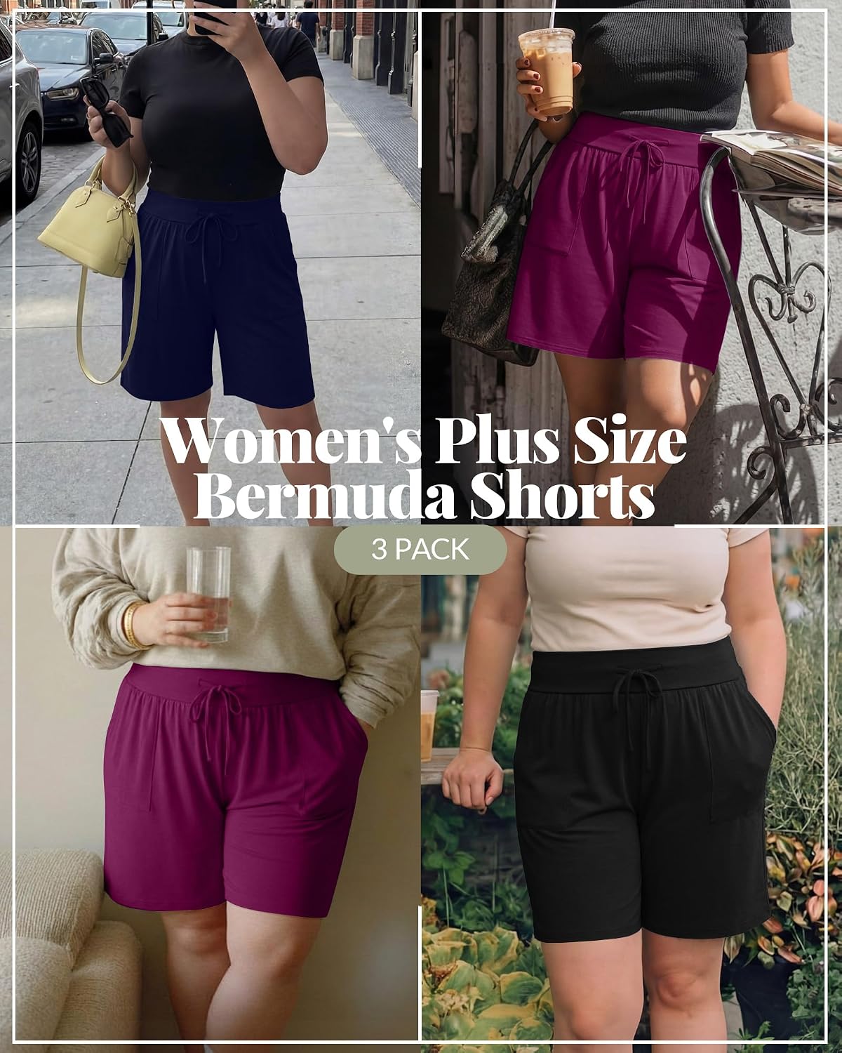Evervibe 3 Pack Women's Plus Size Bermuda Shorts