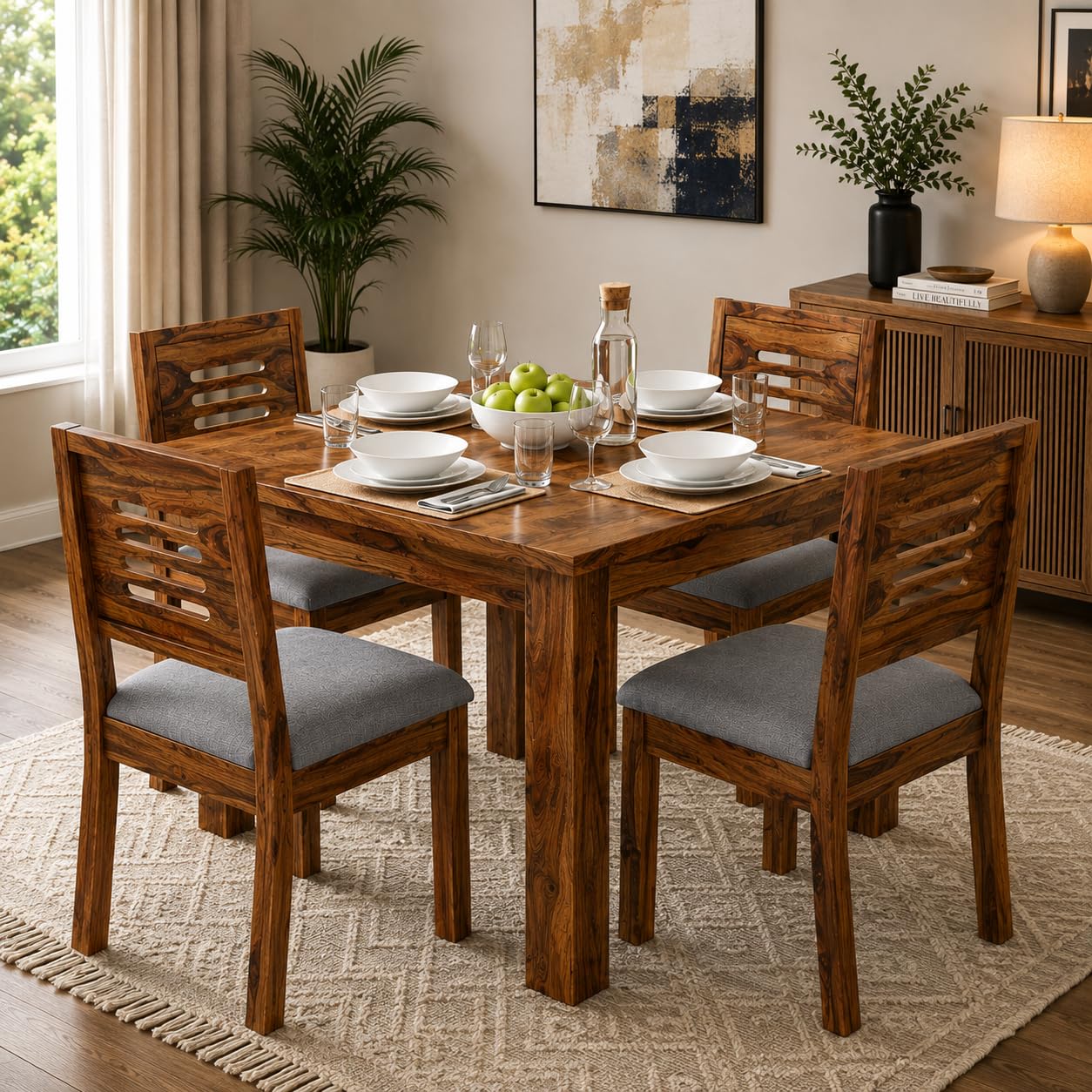 KENDALWOOD Furniture Solid Wood Dining Table with 4 Chairs | 4 Seater Dining Set | 1 Year Warranty | Wooden Dining Table with Chair | Natural Honey Finish with Gray Cushions -DIY(Do-It-Yourself)-image-46