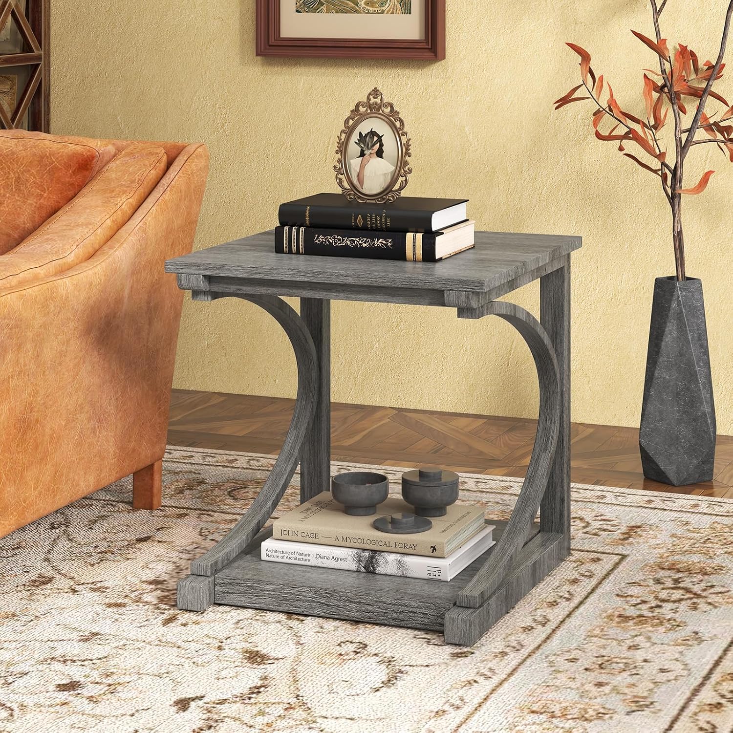 Giantex C-Shaped End Table, 24" Square Couch Table with Bottom Storage Shelf & Solid Rubber Wood Frame, Farmhouse Accent Tables for Small Spaces, TV Tray Side Table for Living Room Bedroom, Gray