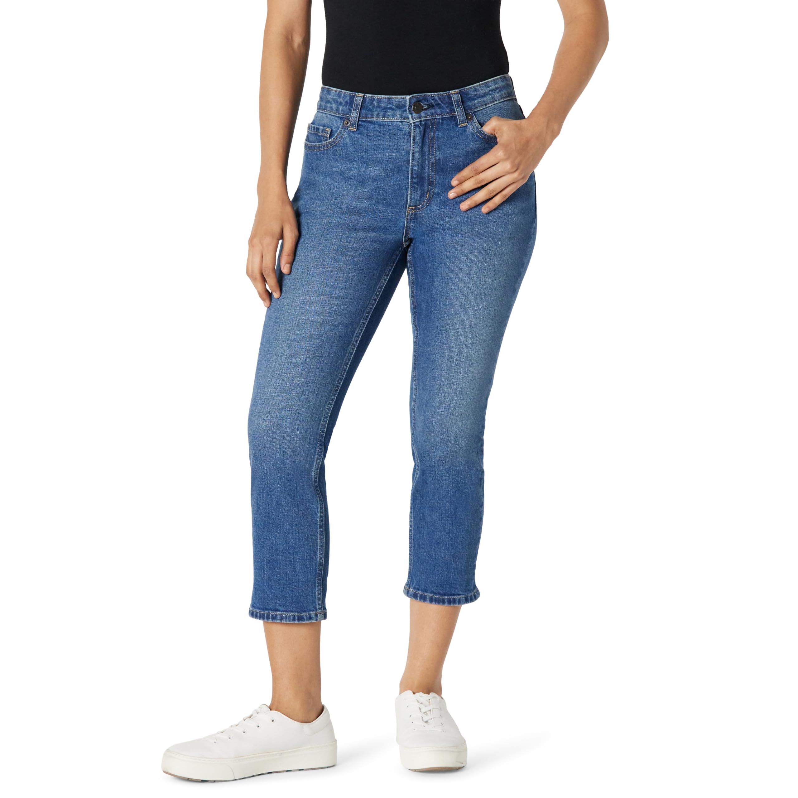 Amazon Essentials Damen Slim-Fit-Capri-Jeans mit Mittlerem Stretchanteil und Mittelhohem Bund