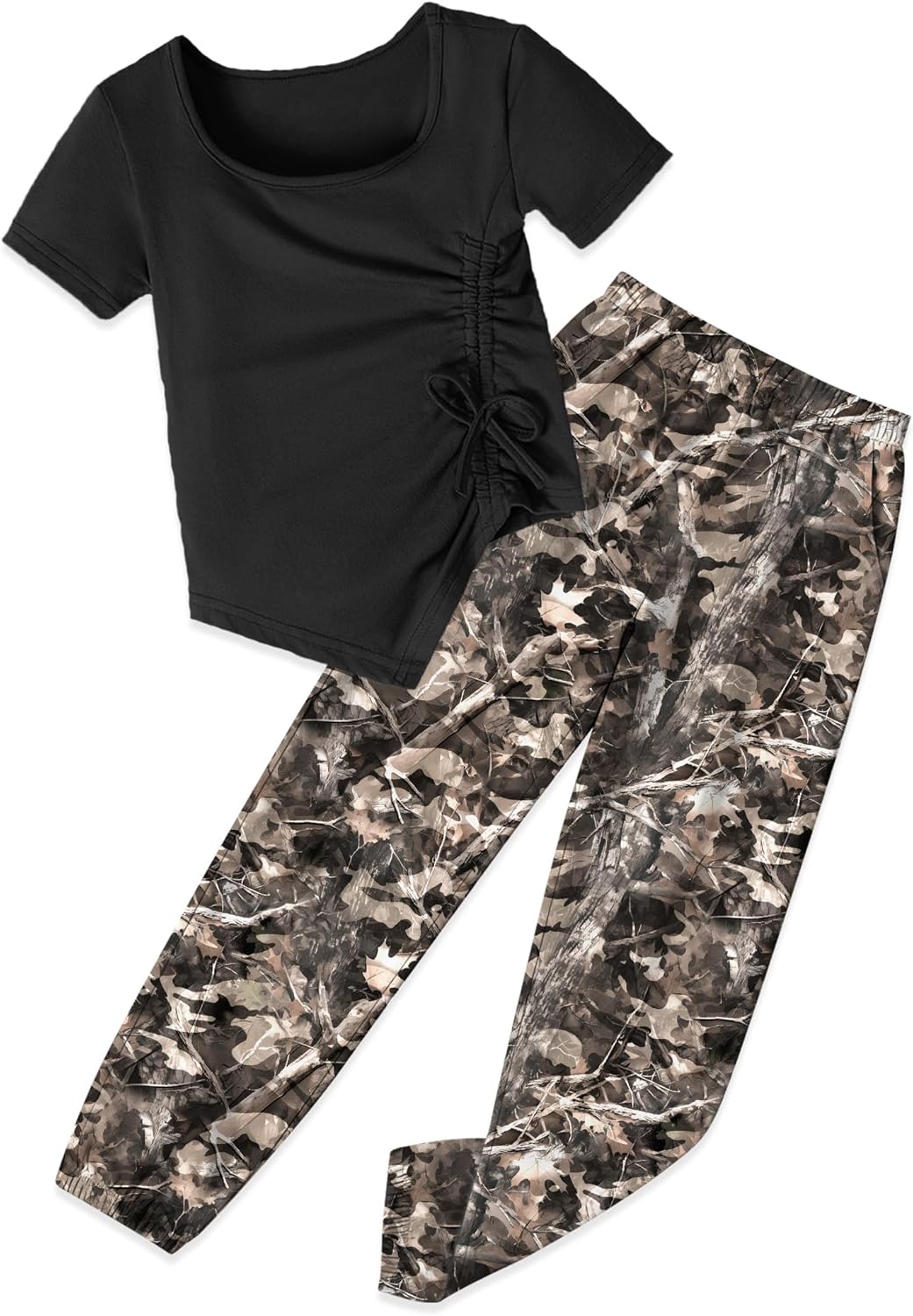 Girls Clothes Irregular Ruched Drawstring Short Sleeve Top and Girls Camouflage Pants 2Pcs Summer Girls Clothes