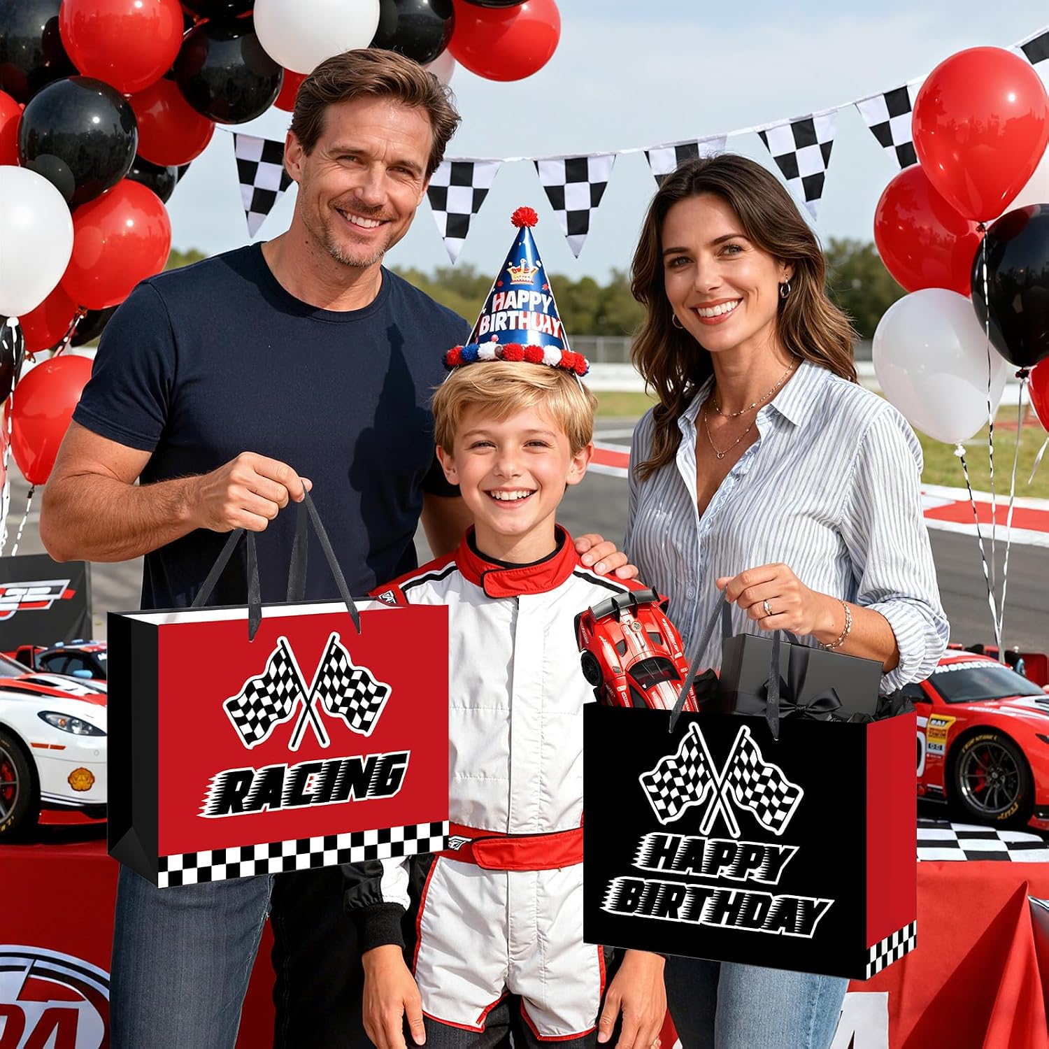 Racing Happy Birthday Gift Bag for Boys Large Black and Red Race Car Party Gift Bag with Tissue Paper and Greeting Card Checkered Flag Speed Theme Birthday Gift Wrap Bag for Kids Teens Men image 5