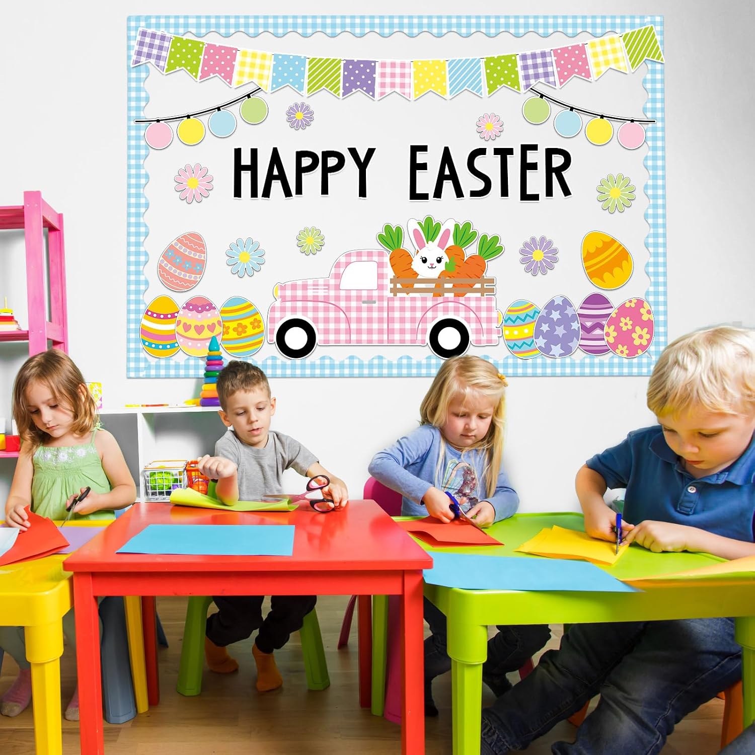 ZOiiWA 104 Pcs Easter Classroom Bulletin Board Decoration Happy Easter Bulletin Board Set Easter Truck Bulletin Board Set Easter Bunny and Eggs Cutouts for School Blackboard Nursery Home Wall Decor