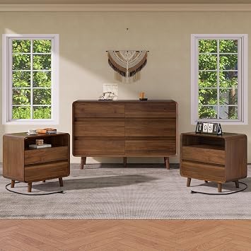 Nasonet Dresser and Nightstand Sets 3 Piece, 6 Drawer Dresser for Bedroom and Nightstands Set of 2, Wood Chest of Drawers Night Stand Mid Century Modern Bedroom Furniture Set, Walnut