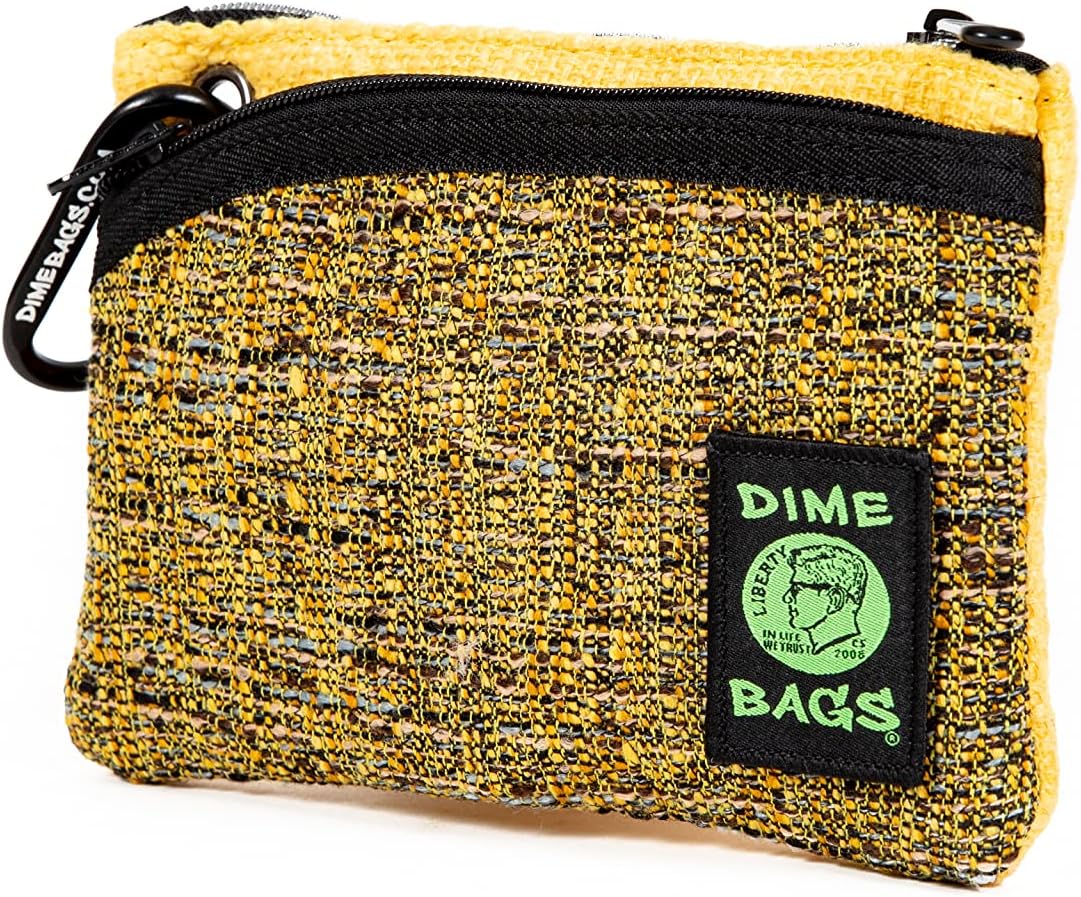 DIME BAGS Hemp Pouch, Compact Tote with Dual Zippered Compartments, Travel Wallet with Carabiner Clip & Interchangeable Patch, Coin Bag Zipline (8 inch, Yellow)