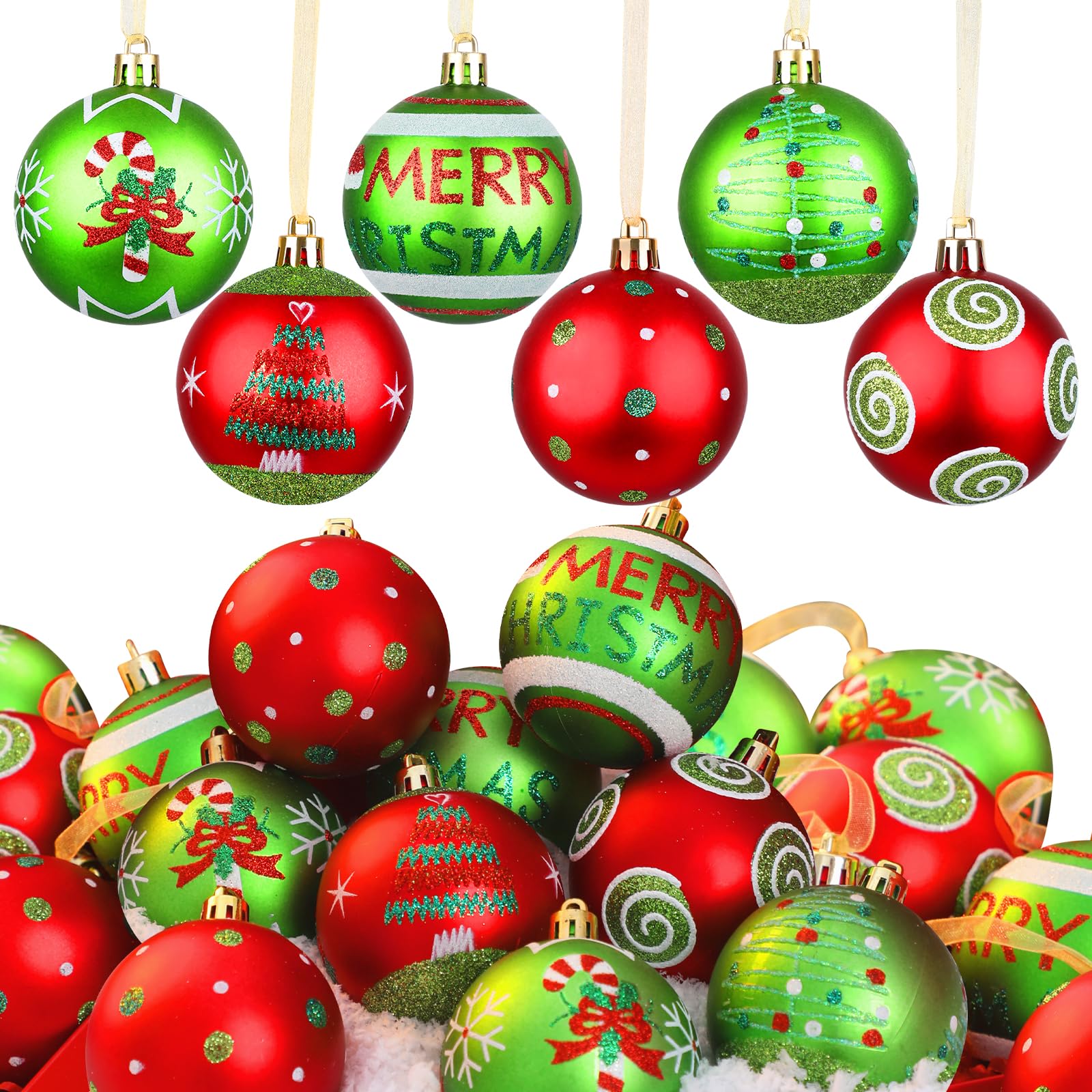 Lanpn Christmas Tree Baubles 30Pcs, Outdoor Glittering Elf Ball Xmas Decoration, Red Green Christmas Bulbs Ornament Hanging Decor, 6cm Shatterproof Plastic Balls for Lawn Yard Holiday Party