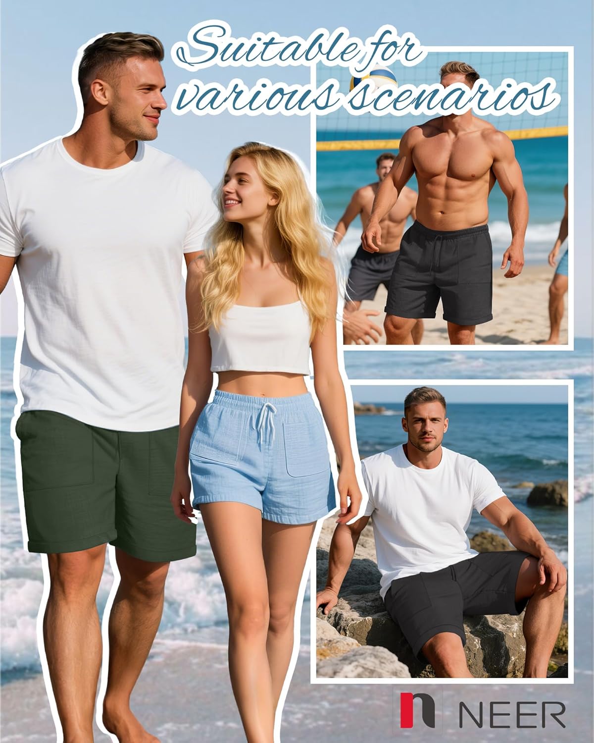 Neer 2 Pack Men's Big and Tall Cotton Linen Blend Bermuda Shorts, Casual 7'' Elastic Drawstring Pockets Flat Front Shorts - Image 5