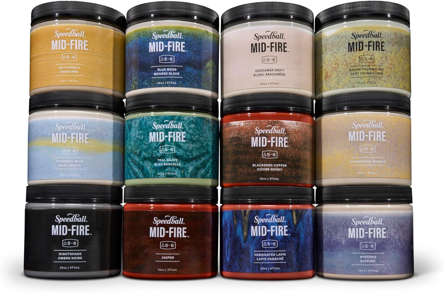 Speedball Mid-Fire Glaze, 16-Ounce Studio Set, Assorted Colors, 12 16-Ounce Jars for Pottery and Ceramics