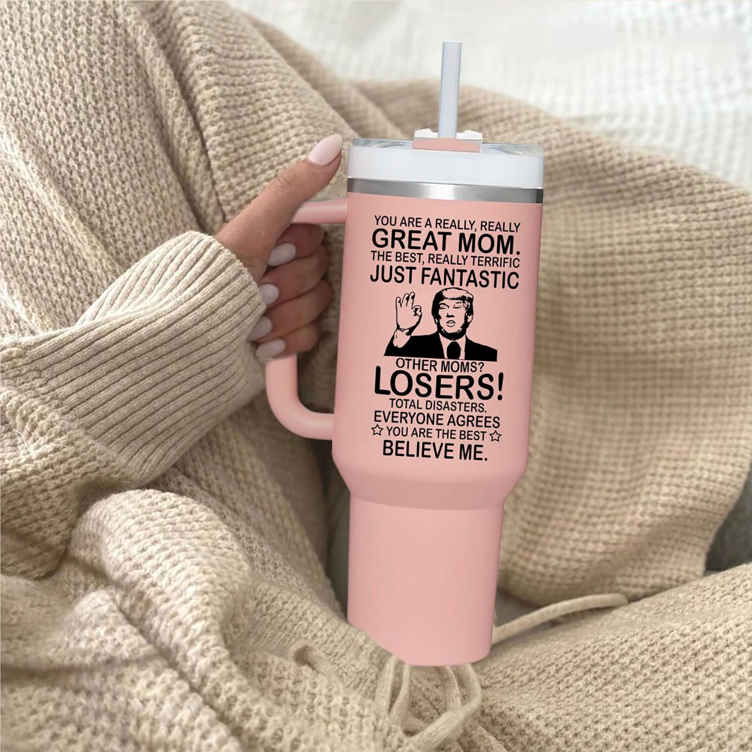 Mothers Day Gifts for Mom from Daughter, Son, Kids - Great Mothers Day Tumbler - Ideas Presents for Mom on Birthday, Xmas - Insulate Stainless Steel Tumbler 20oz, Pink 40oz with Handle - Image 2