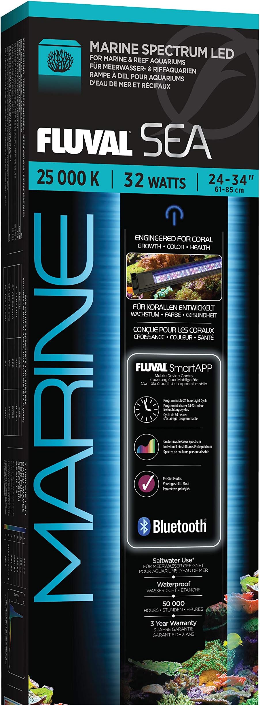 Sea Marine 3.0 LED Aquarium Lighting for Coral Growth, 32 Watts, 24-34 Inches