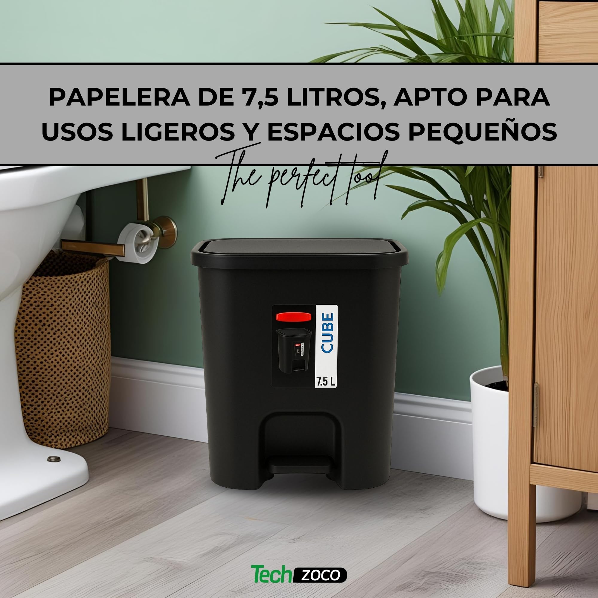 TECHZOCO Cubo basura plástico, Cubo basura apertura pedal, Papelera de pedal, cubo de Pedal, Basura para baño, Libre de BPA, 25.5 cm alto x 24 cm ancho x 22 cm fondo, Capacidad 7.5 Litros, Negro