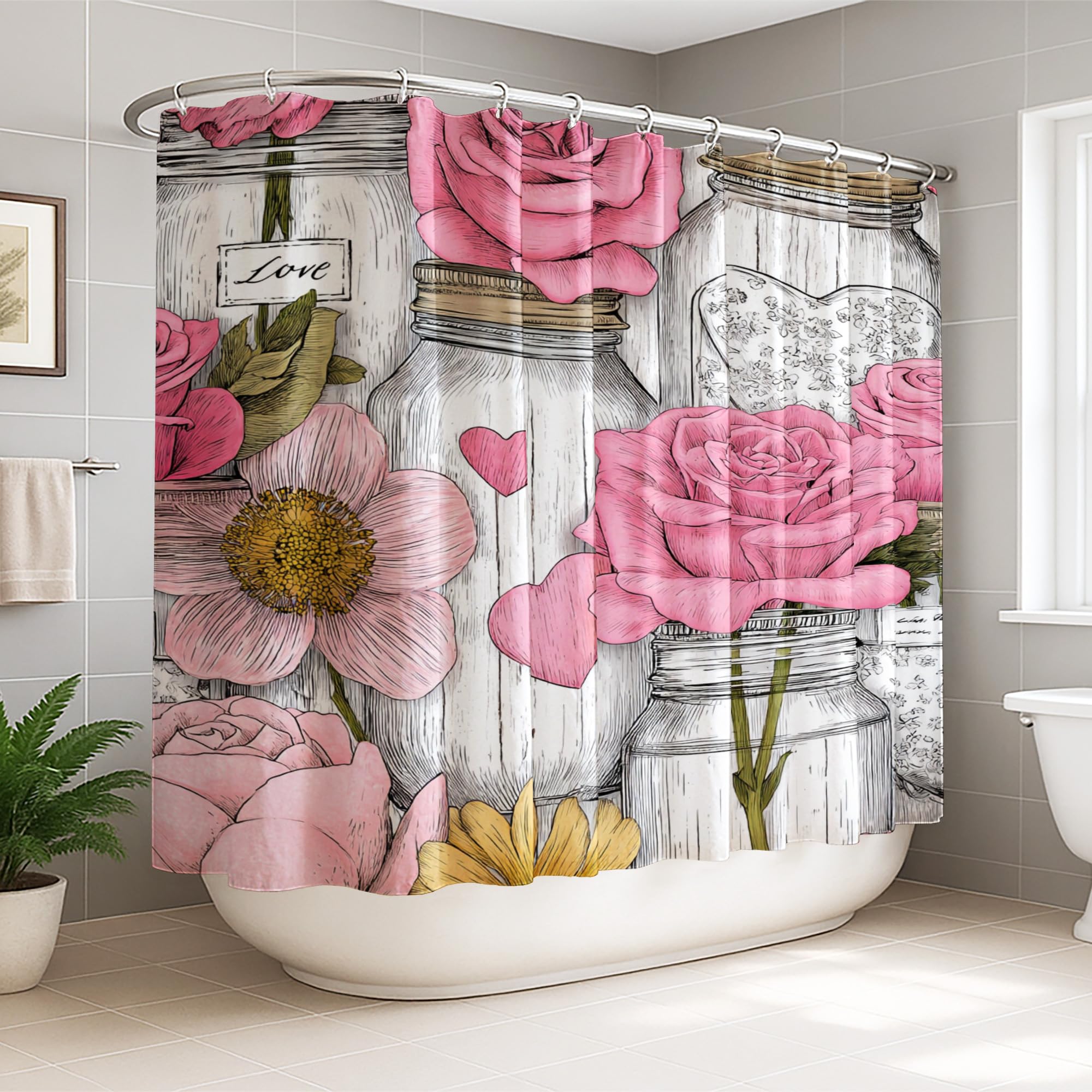 Rideau de douche extra large lavable motif fleurs vintage avec crochets