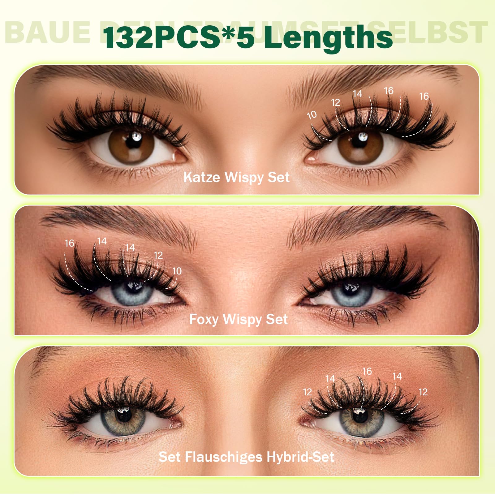 KEYYOU Set di extension per ciglia a D ricciolo volume, 8 – 16 mm, set da 132 arricciacapelli per ciglia con adesivo e tweezers Wispy Lash Clusters Kit (F01)