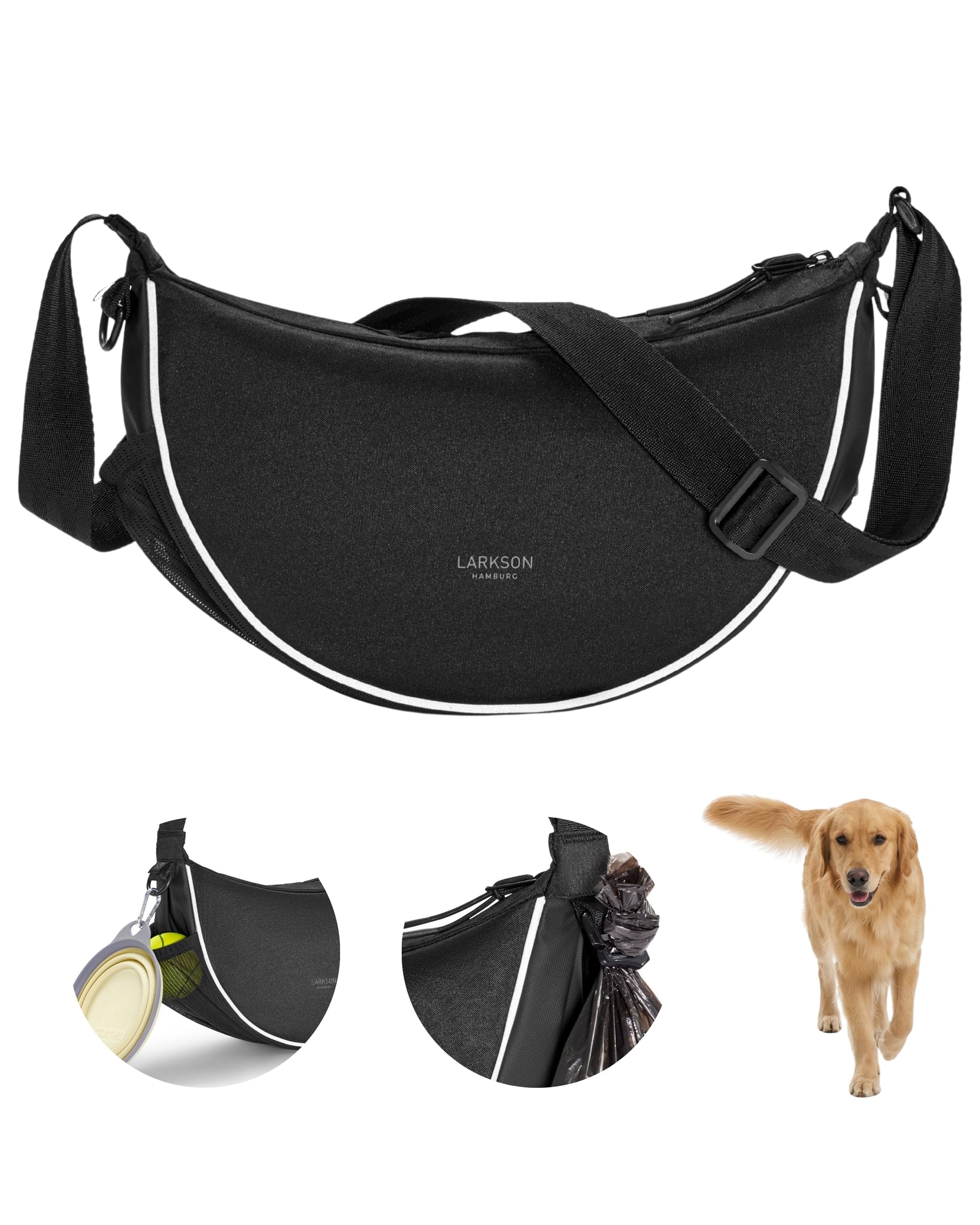 LARKSON Half Moon Bag à Friandises pour Chien Noir - Fiete - Sac à Bandoulière Promenade - Pochette à Friandises avec Distributeur de Sacs à Excréments - Sac de Dressage Réfléchissant - Hydrofuge
