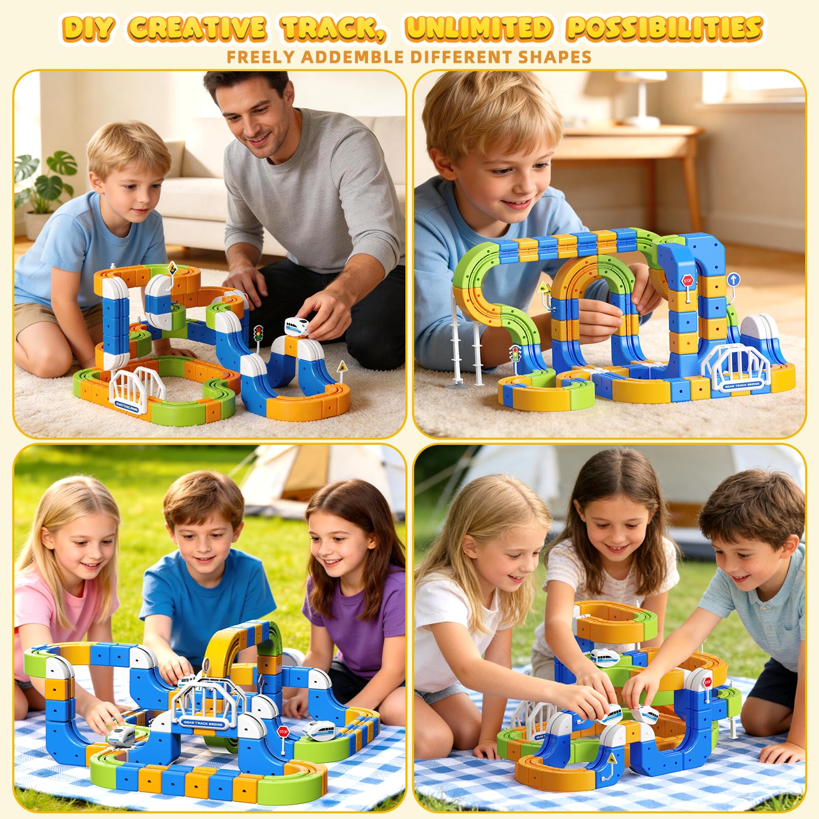 Tren Eléctrico Niños 225 Piezas (80 Vías + 2 Trenes) – Gran Pista Flexible 3D Antigravedad Circuito Tren Electrico, Juego de Construcción Stem DIY, Trenes Motorizados USB, Regalo 3-10 Años